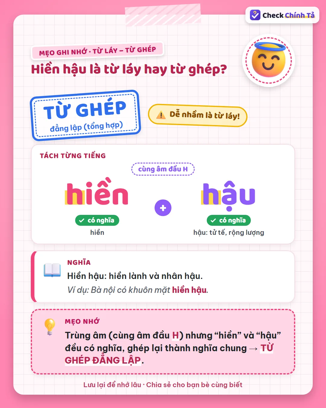 Mẹo ghi nhớ: hiền hậu cùng âm đầu H nhưng “hiền” và “hậu” (tử tế) đều có nghĩa nên là từ ghép đẳng lập.