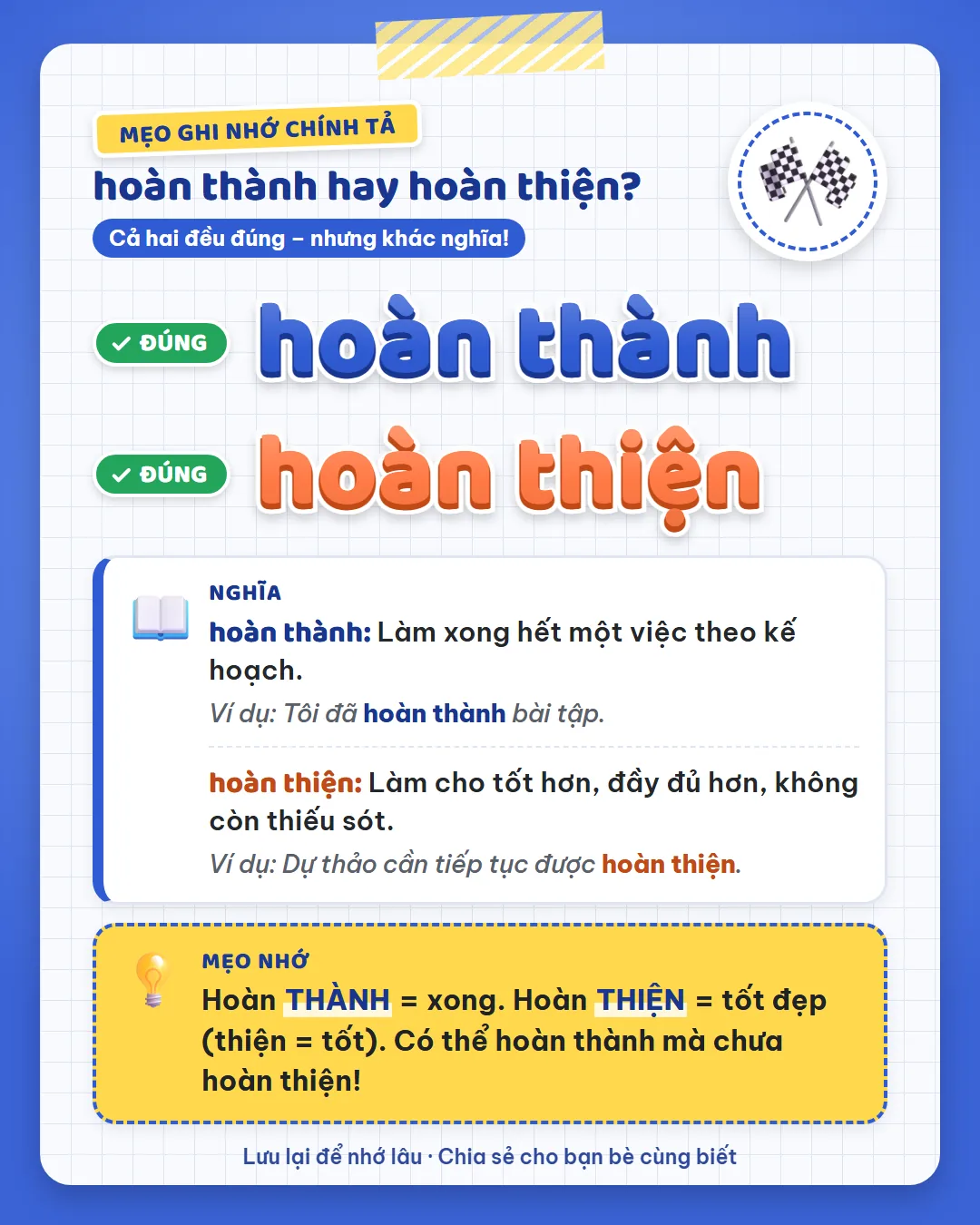 Mẹo ghi nhớ: hoàn thành là xong, hoàn thiện là tốt đẹp (thiện là tốt). Có thể hoàn thành mà chưa hoàn thiện!
