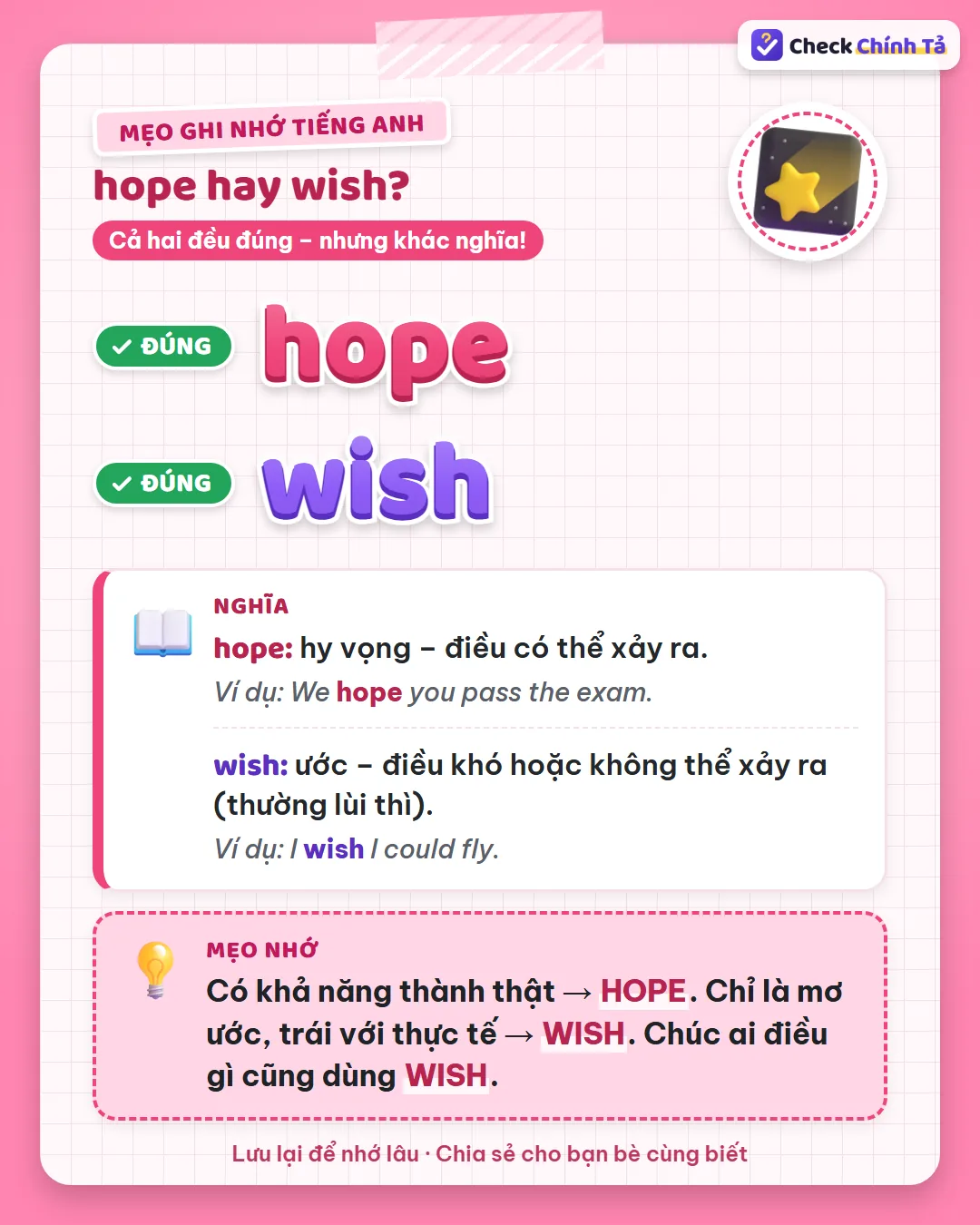 Mẹo ghi nhớ: có khả năng thành thật thì hope; mơ ước trái thực tế thì wish; chúc ai điều gì cũng dùng wish.