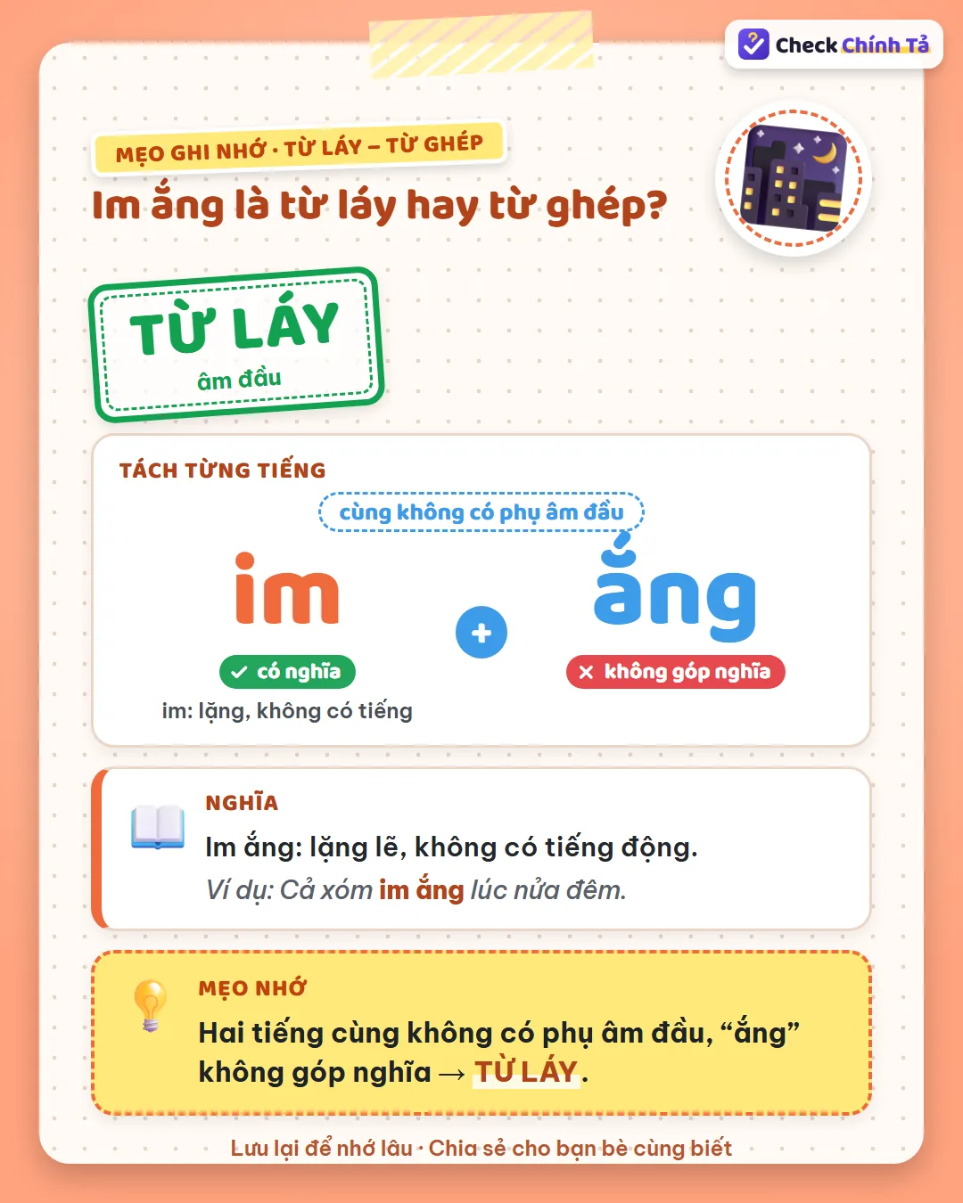 Mẹo ghi nhớ: im ắng có hai tiếng cùng không có phụ âm đầu, “ắng” không góp nghĩa nên là từ láy.