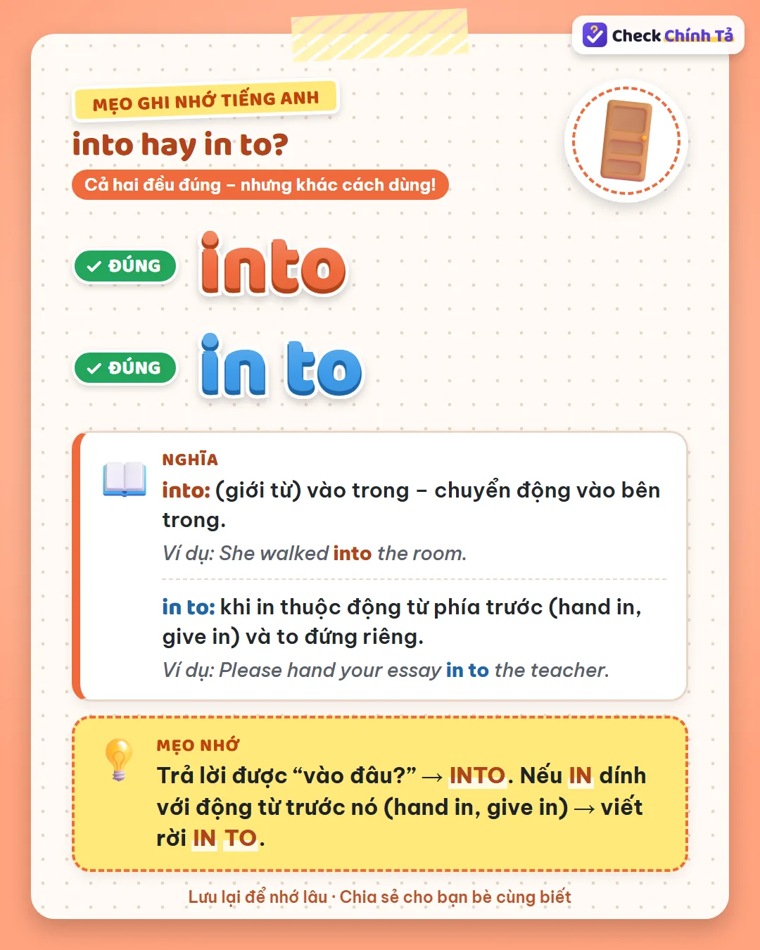 Mẹo ghi nhớ: trả lời được vào đâu thì into; nếu in dính với động từ trước (hand in, give in) thì viết rời in to.