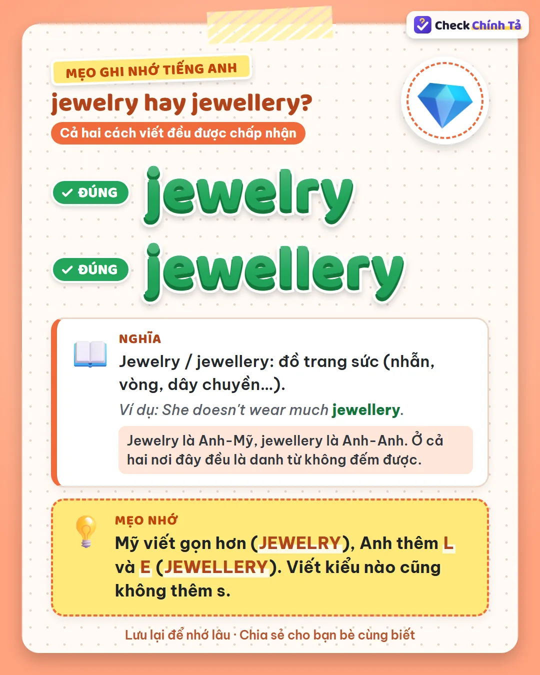Mẹo ghi nhớ: Mỹ viết gọn hơn (jewelry), Anh thêm l và e (jewellery); viết kiểu nào cũng không thêm s.