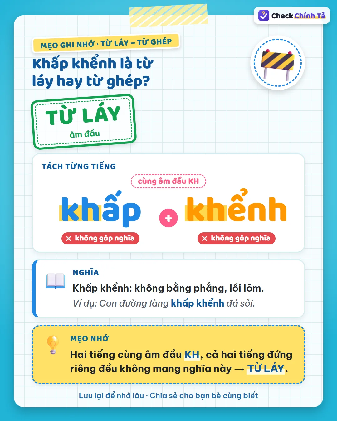 Mẹo ghi nhớ: khấp khểnh có hai tiếng cùng âm đầu KH, đứng riêng đều không mang nghĩa này nên là từ láy.