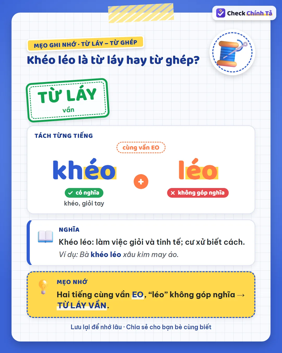 Mẹo ghi nhớ: khéo léo có hai tiếng cùng vần EO, “léo” không góp nghĩa nên là từ láy vần.