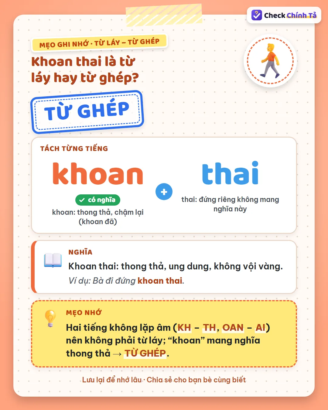 Mẹo ghi nhớ: hai tiếng không lặp âm (kh – th, oan – ai) nên khoan thai không phải từ láy; “khoan” là thong thả.