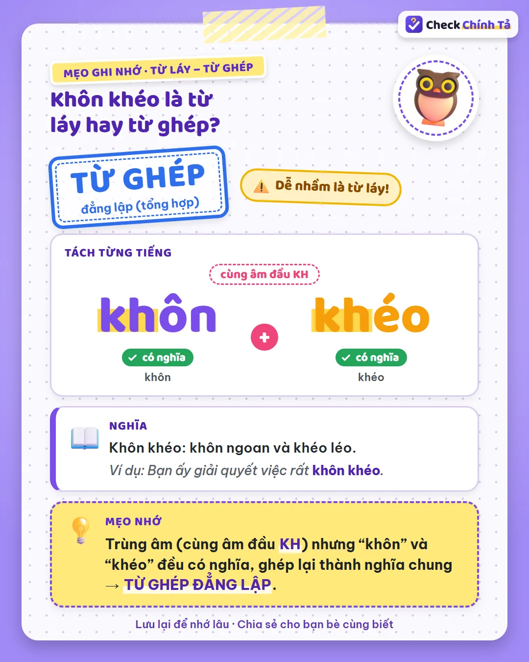 Mẹo ghi nhớ: khôn khéo trùng âm đầu KH nhưng “khôn” và “khéo” đều có nghĩa nên là từ ghép đẳng lập.