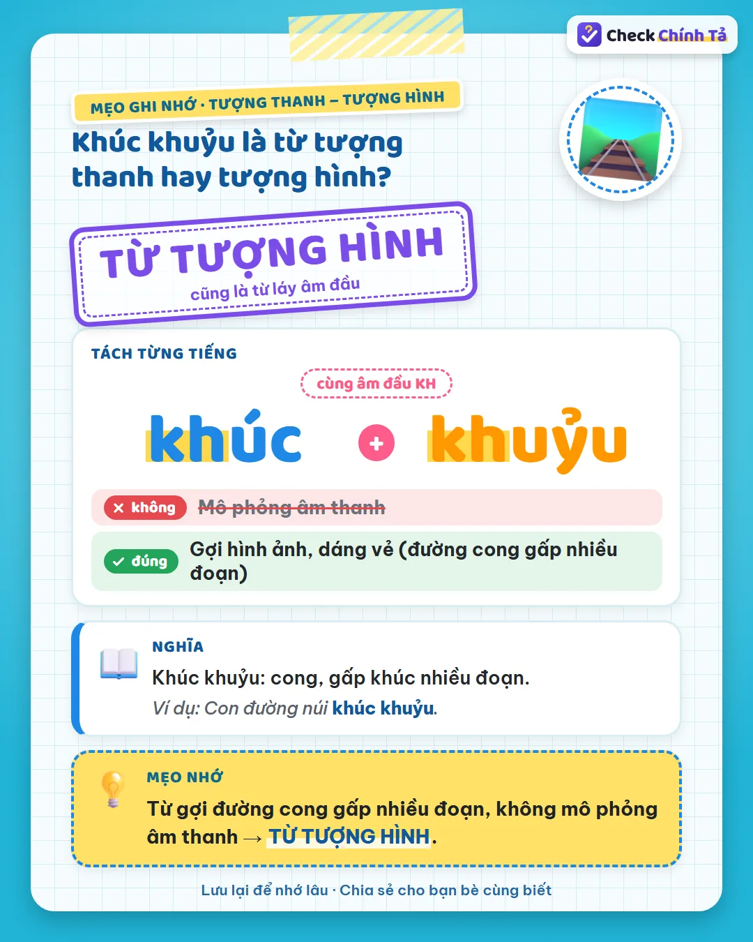 Mẹo ghi nhớ: khúc khuỷu gợi đường cong gấp nhiều đoạn, không mô phỏng âm thanh nên là từ tượng hình.