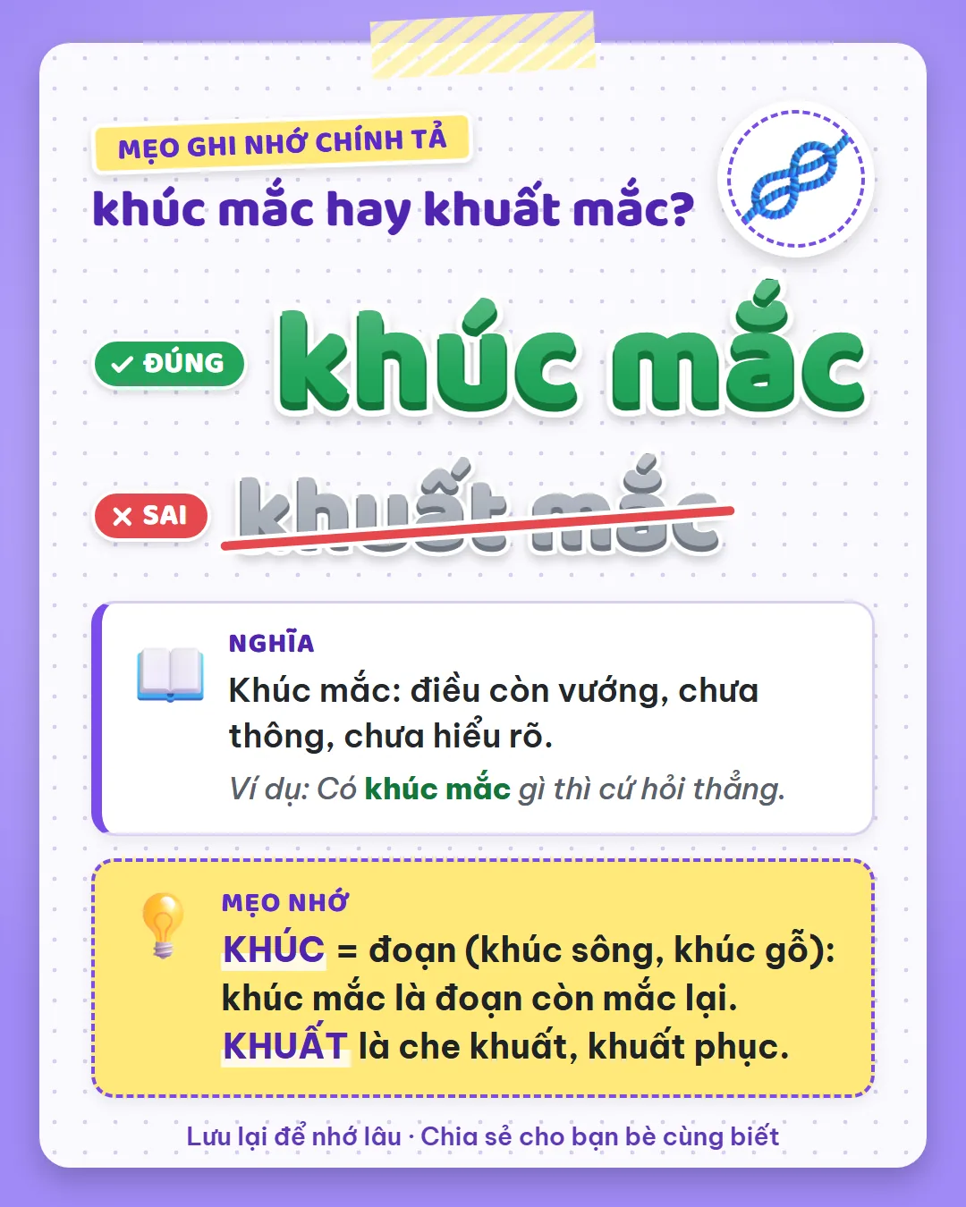 Mẹo ghi nhớ: khúc là một đoạn như khúc sông, khúc gỗ, nên khúc mắc là đoạn còn mắc lại. Khuất là che khuất.