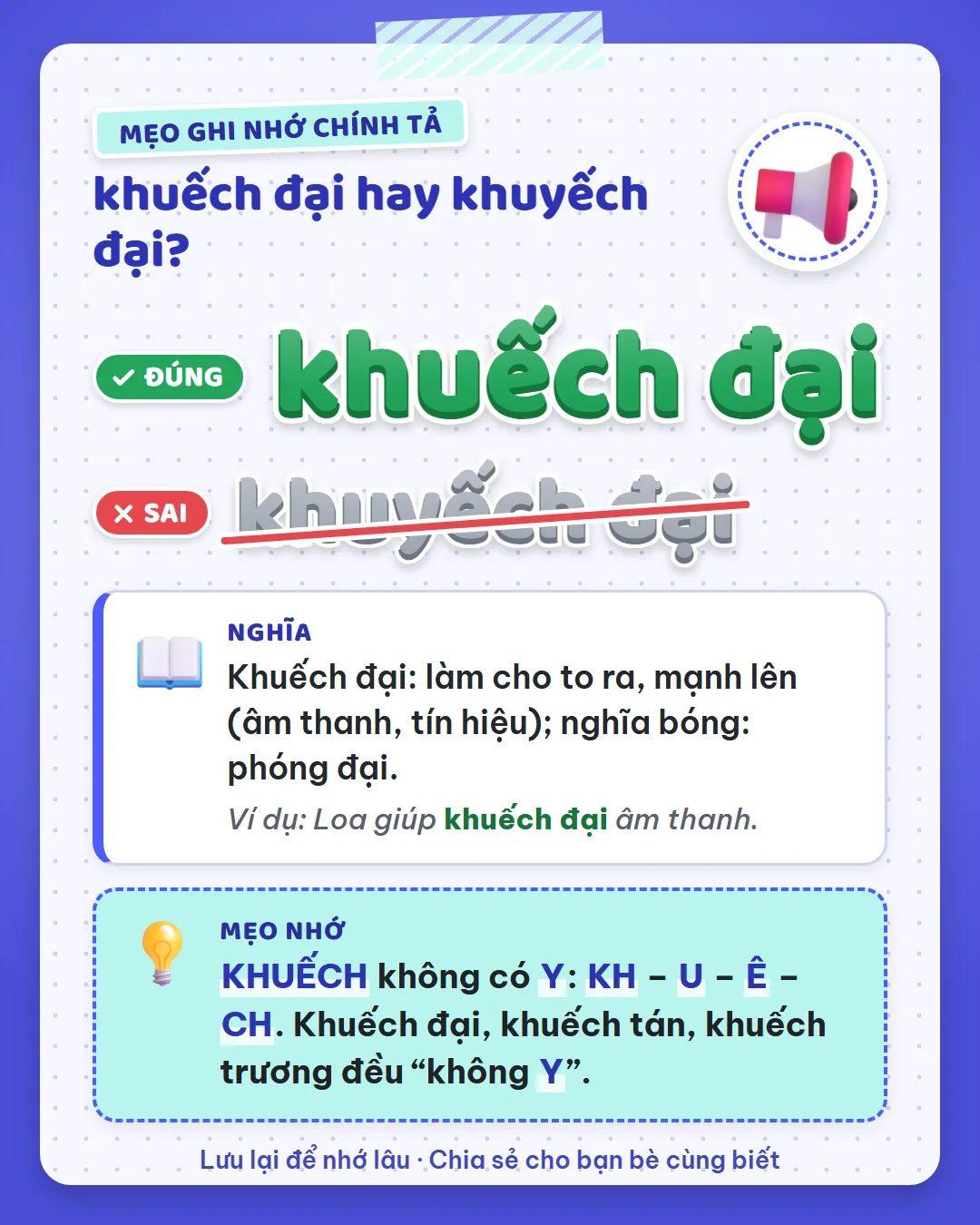Mẹo ghi nhớ: khuếch không có Y, gồm KH, U, Ê, CH. Khuếch đại, khuếch tán, khuếch trương đều không Y.
