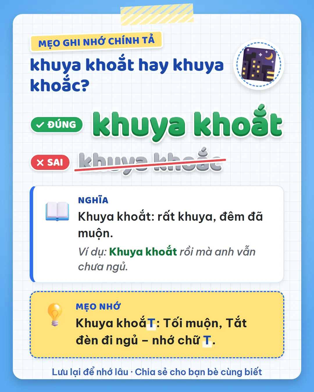 Mẹo ghi nhớ: khuya khoắt có T, nhớ tối muộn, tắt đèn đi ngủ đều có chữ T.