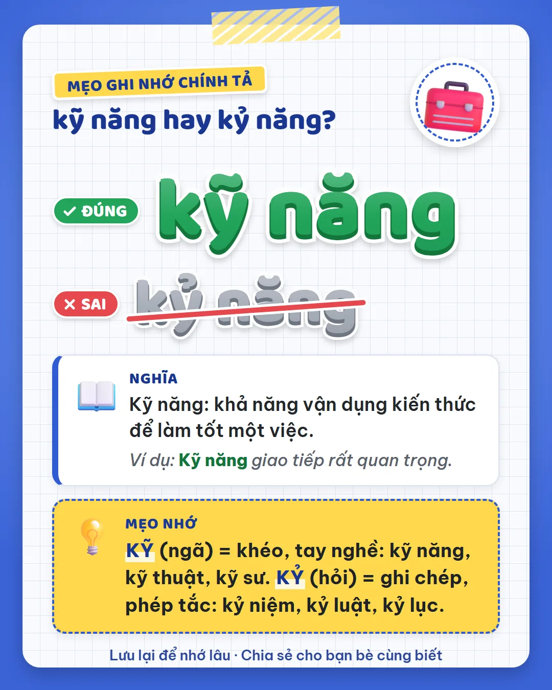Mẹo ghi nhớ: kỹ dấu ngã là tay nghề như kỹ năng, kỹ thuật, kỹ sư. Kỷ dấu hỏi là ghi chép, phép tắc như kỷ niệm, kỷ luật.
