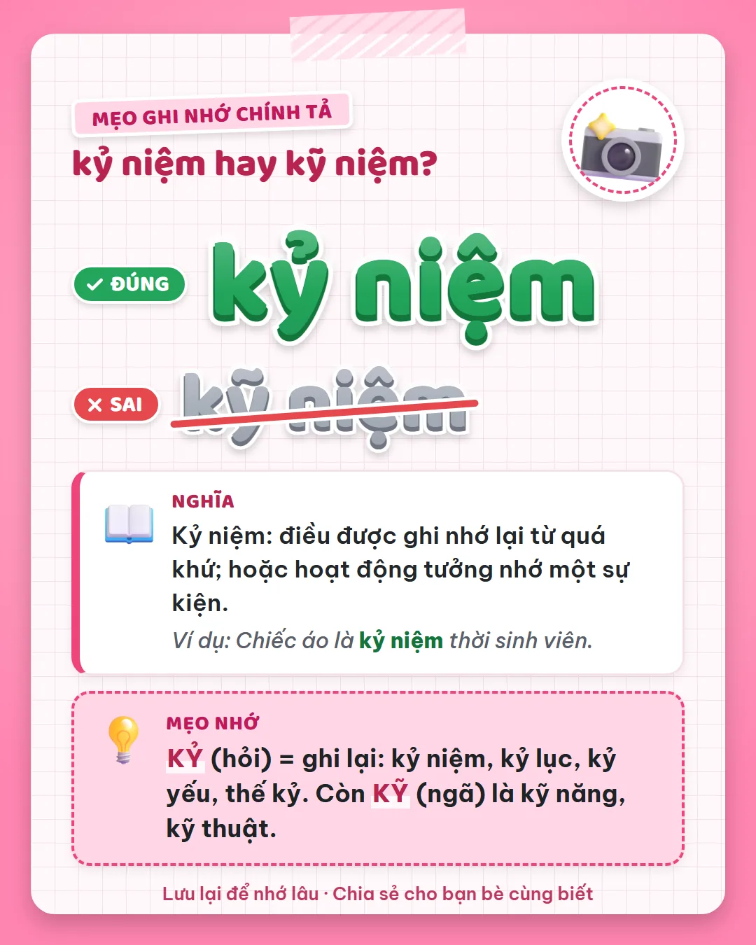 Mẹo ghi nhớ: kỷ dấu hỏi là ghi lại như kỷ niệm, kỷ lục, kỷ yếu, thế kỷ. Còn kỹ dấu ngã là kỹ năng, kỹ thuật.