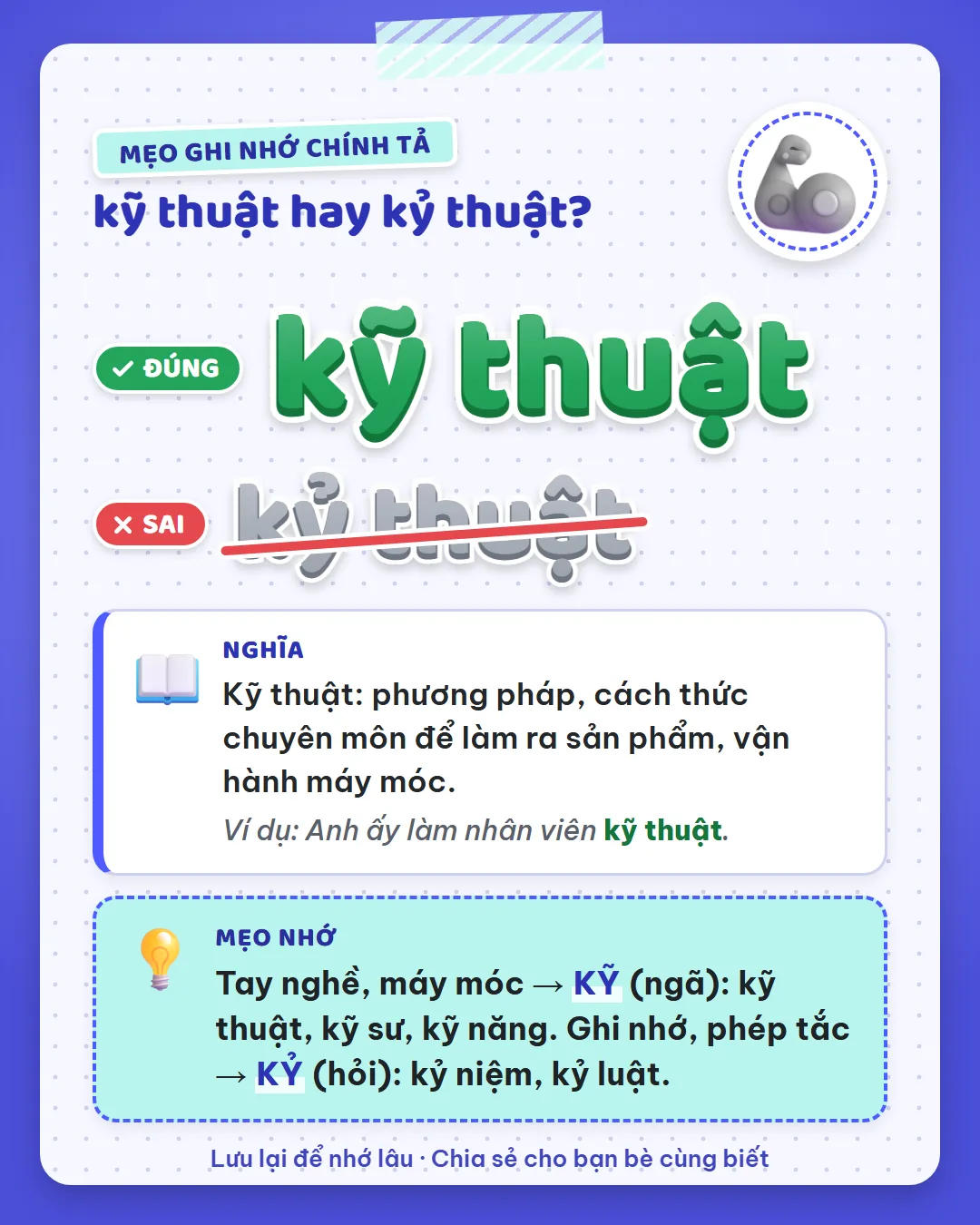 Mẹo ghi nhớ: tay nghề, máy móc là kỹ dấu ngã như kỹ thuật, kỹ sư. Ghi nhớ, phép tắc là kỷ dấu hỏi như kỷ niệm, kỷ luật.