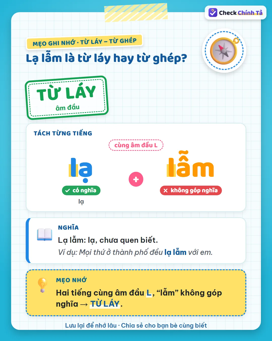 Mẹo ghi nhớ: lạ lẫm có hai tiếng cùng âm đầu L, “lẫm” không góp nghĩa nên là từ láy.
