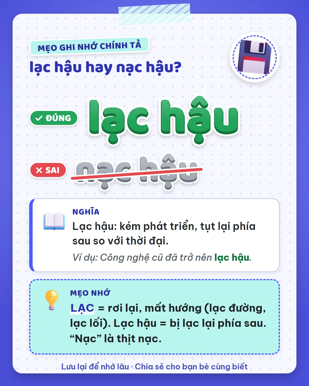 Mẹo ghi nhớ: lạc là rơi lại, mất hướng như lạc đường, lạc lối. Lạc hậu là bị lạc lại phía sau; nạc là thịt nạc.