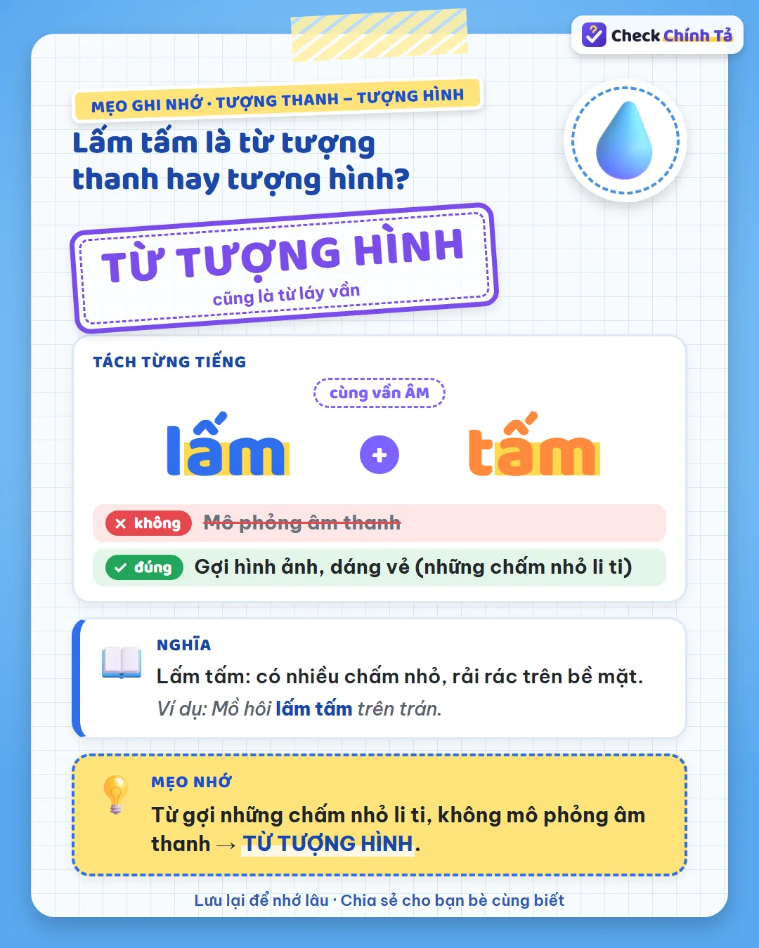 Mẹo ghi nhớ: lấm tấm gợi những chấm nhỏ li ti, không mô phỏng âm thanh nên là từ tượng hình.