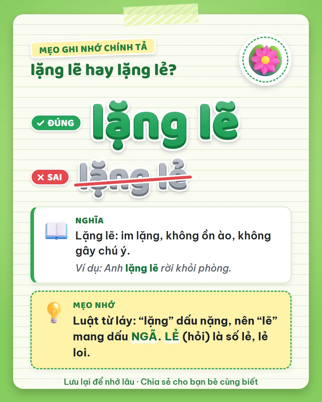 Mẹo ghi nhớ: lặng dấu nặng nên lẽ mang dấu ngã. Lẻ dấu hỏi là số lẻ, lẻ loi.