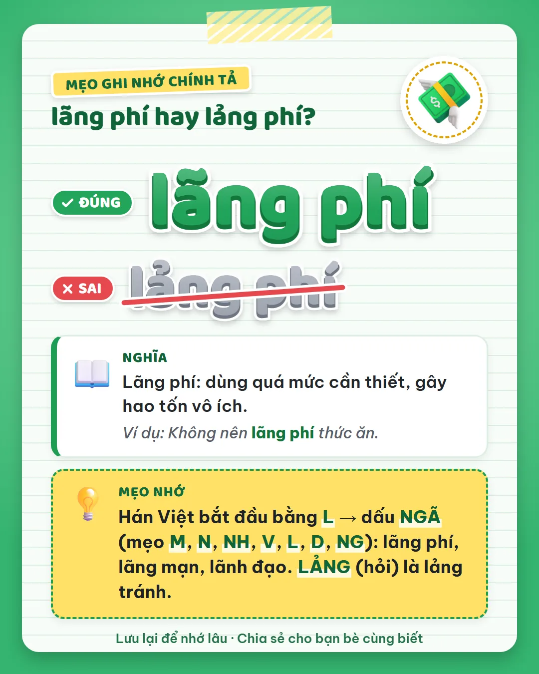 Mẹo ghi nhớ: Hán Việt bắt đầu bằng L mang dấu ngã như lãng phí, lãng mạn, lãnh đạo. Lảng dấu hỏi là lảng tránh.