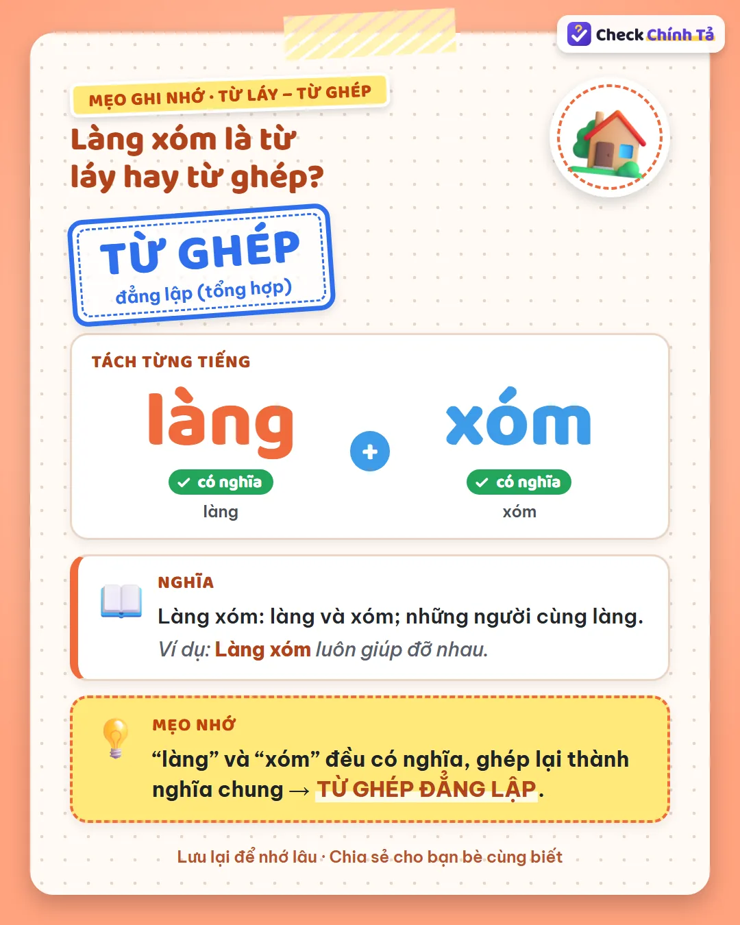Mẹo ghi nhớ: “làng” và “xóm” đều có nghĩa, ghép lại thành nghĩa chung nên làng xóm là từ ghép đẳng lập.