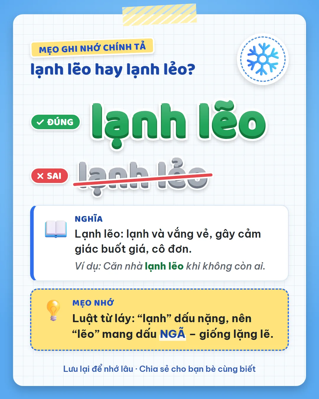 Mẹo ghi nhớ: lạnh dấu nặng nên lẽo mang dấu ngã, giống lặng lẽ.