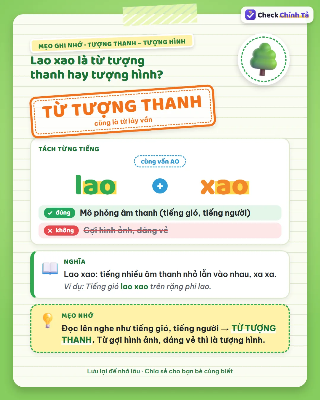 Mẹo ghi nhớ: lao xao đọc lên nghe như tiếng gió, tiếng người nên là từ tượng thanh.