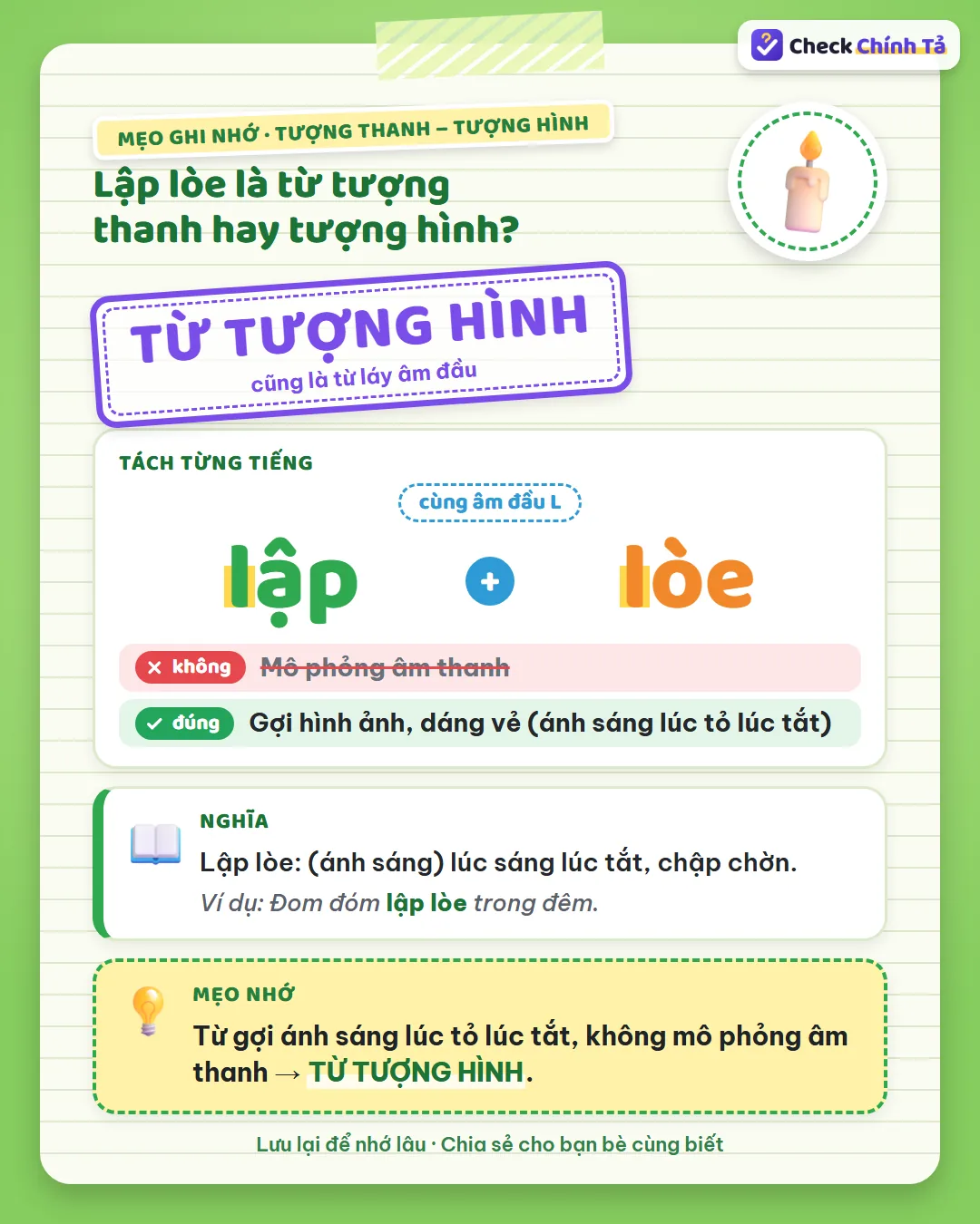 Mẹo ghi nhớ: lập lòe gợi ánh sáng lúc tỏ lúc tắt, không mô phỏng âm thanh nên là từ tượng hình.