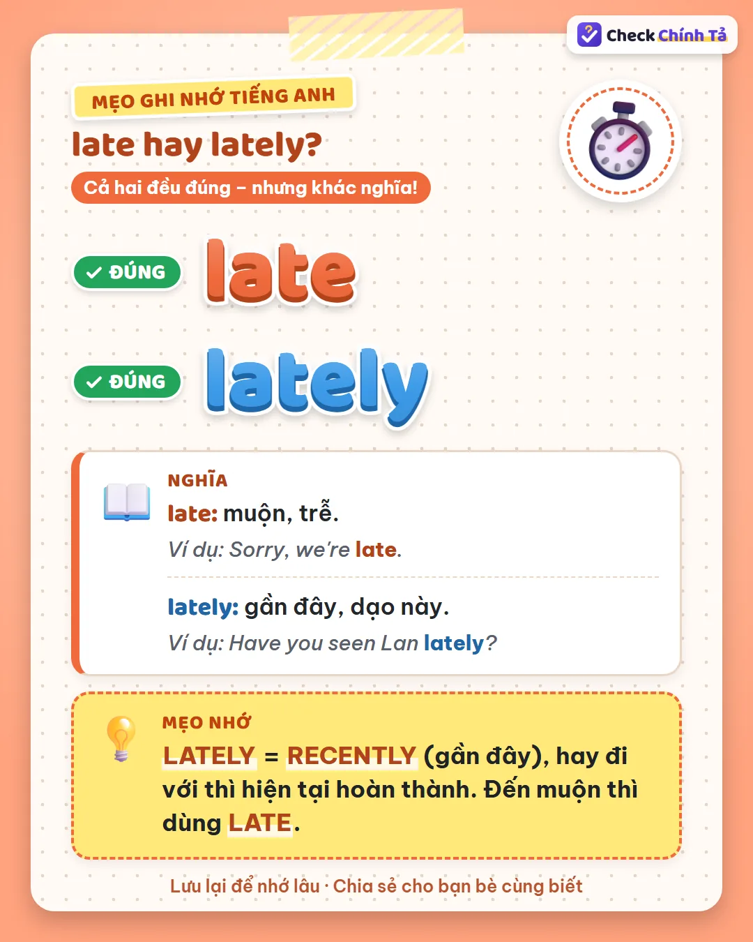 Mẹo ghi nhớ: lately = recently (gần đây), hay đi với hiện tại hoàn thành; đến muộn thì dùng late.