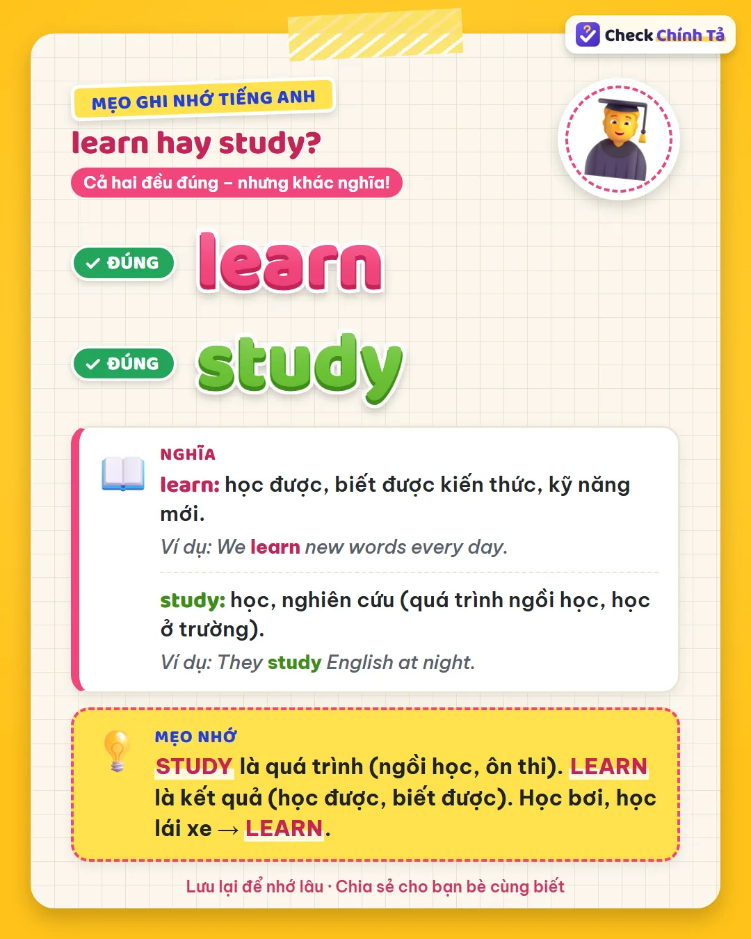 Mẹo ghi nhớ: study là quá trình (ngồi học, ôn thi); learn là kết quả (học được); học bơi, lái xe là learn.