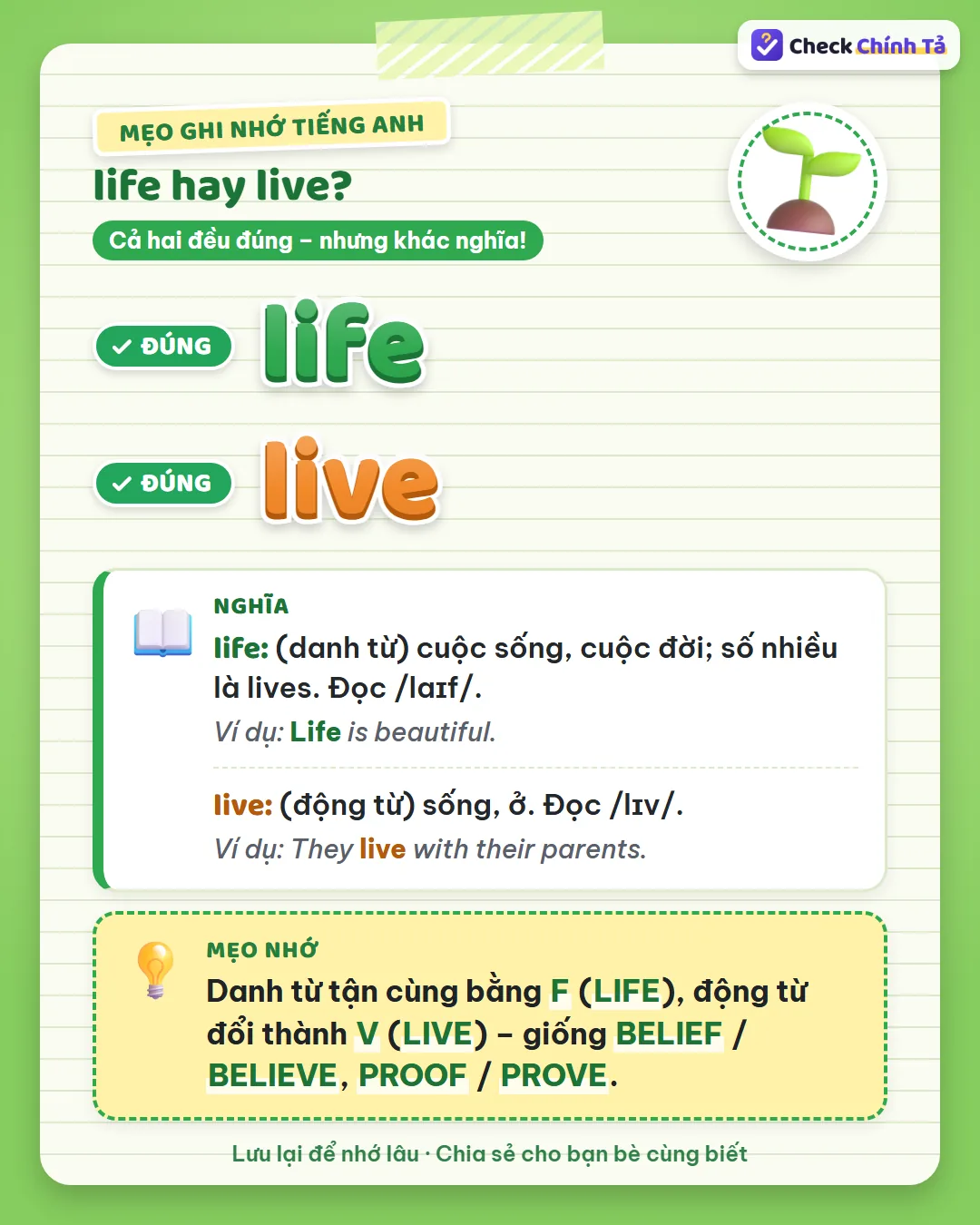 Mẹo ghi nhớ: danh từ tận cùng bằng F (life), động từ đổi thành V (live), giống belief / believe.