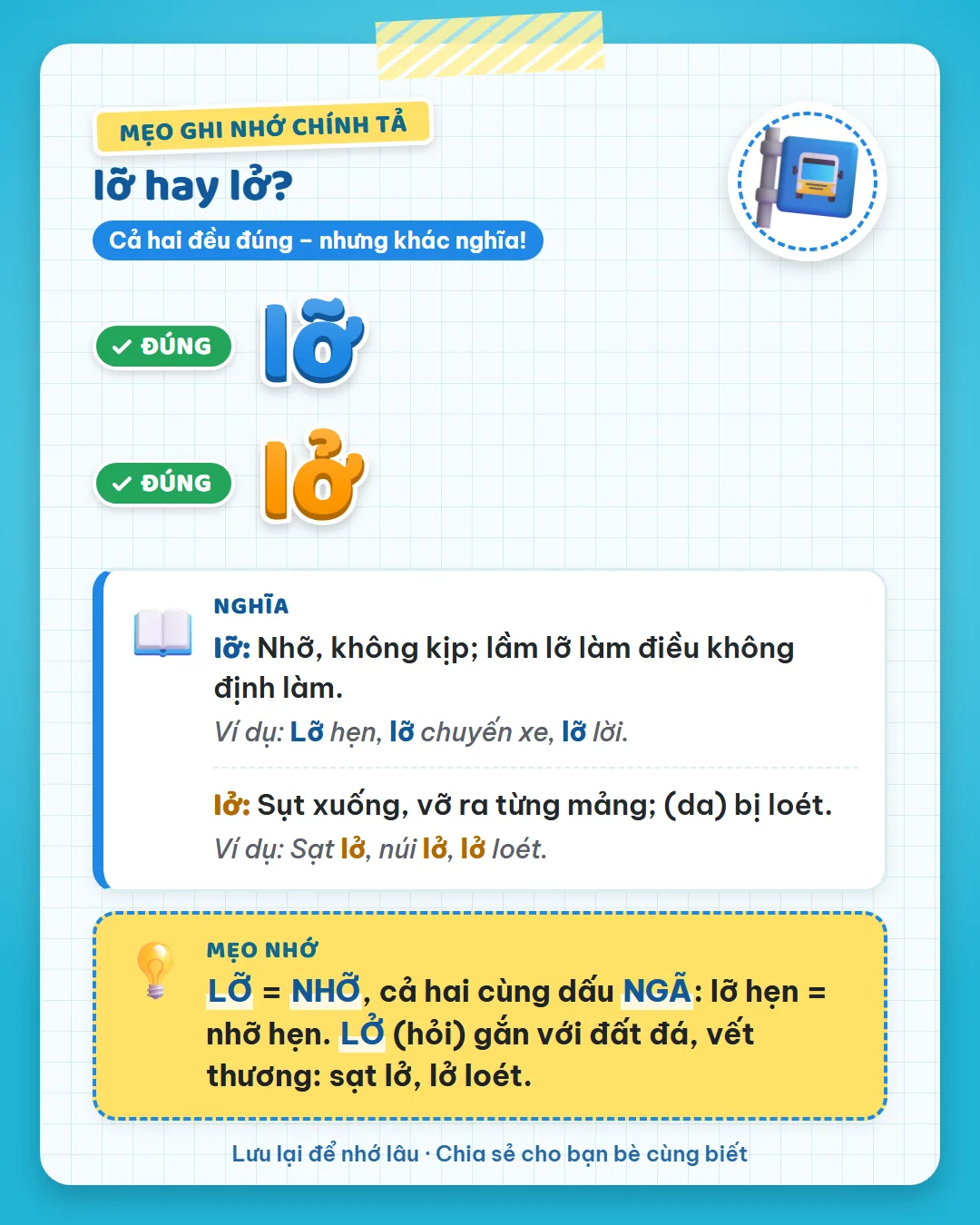 Mẹo ghi nhớ: lỡ cũng như nhỡ, cùng dấu ngã (lỡ hẹn). Lở dấu hỏi gắn với đất đá, vết thương (sạt lở, lở loét).