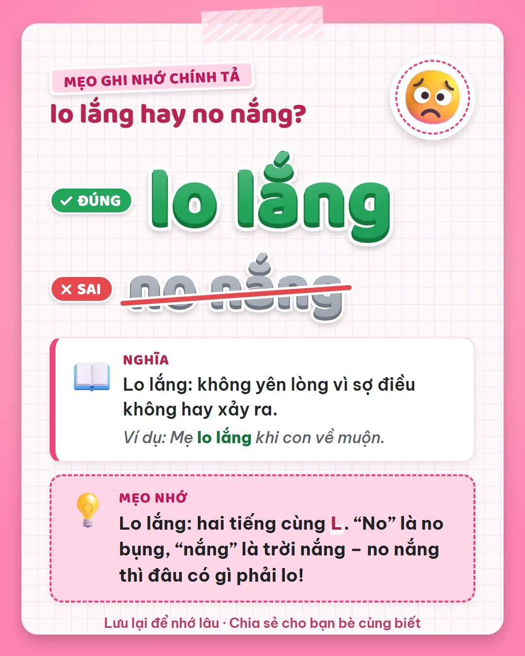 Mẹo ghi nhớ: lo lắng có hai tiếng cùng L. No là no bụng, nắng là trời nắng, no nắng thì đâu có gì phải lo.