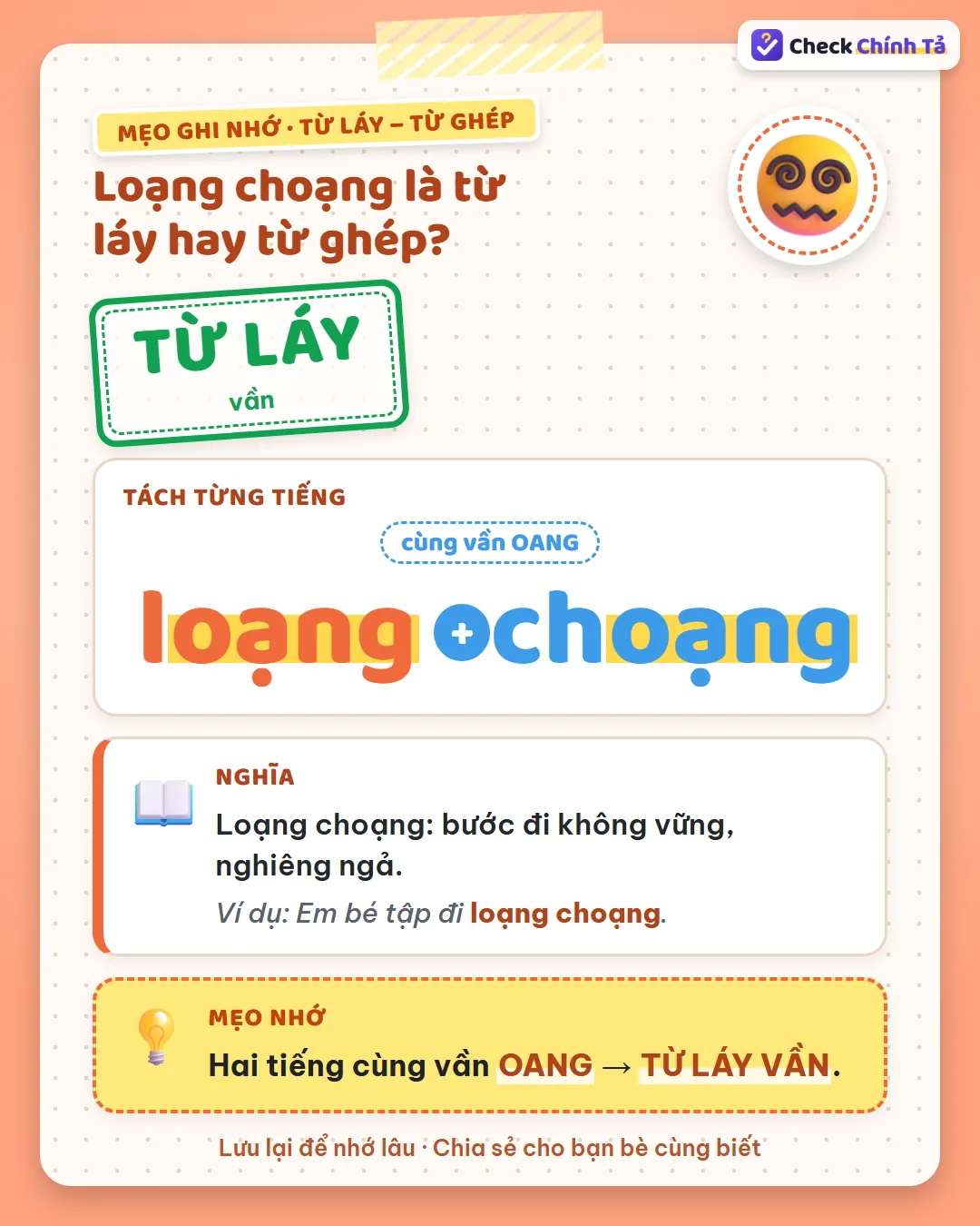 Mẹo ghi nhớ: loạng choạng có hai tiếng cùng vần OANG nên là từ láy vần.