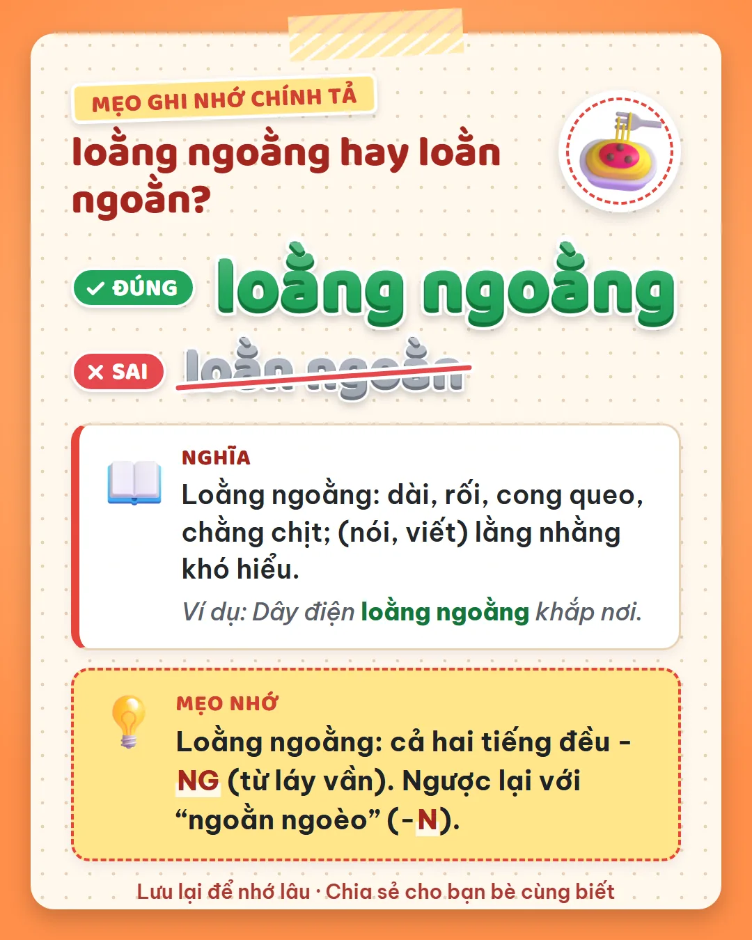 Mẹo ghi nhớ: loằng ngoằng có cả hai tiếng đều kết thúc NG, là từ láy vần. Ngược với ngoằn ngoèo kết thúc N.