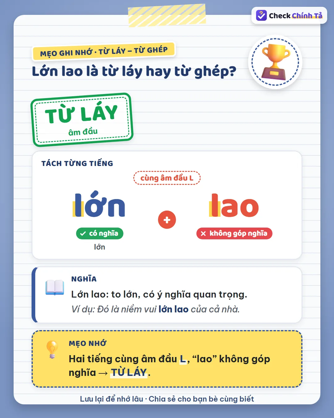 Mẹo ghi nhớ: lớn lao có hai tiếng cùng âm đầu L, “lao” không góp nghĩa nên là từ láy.