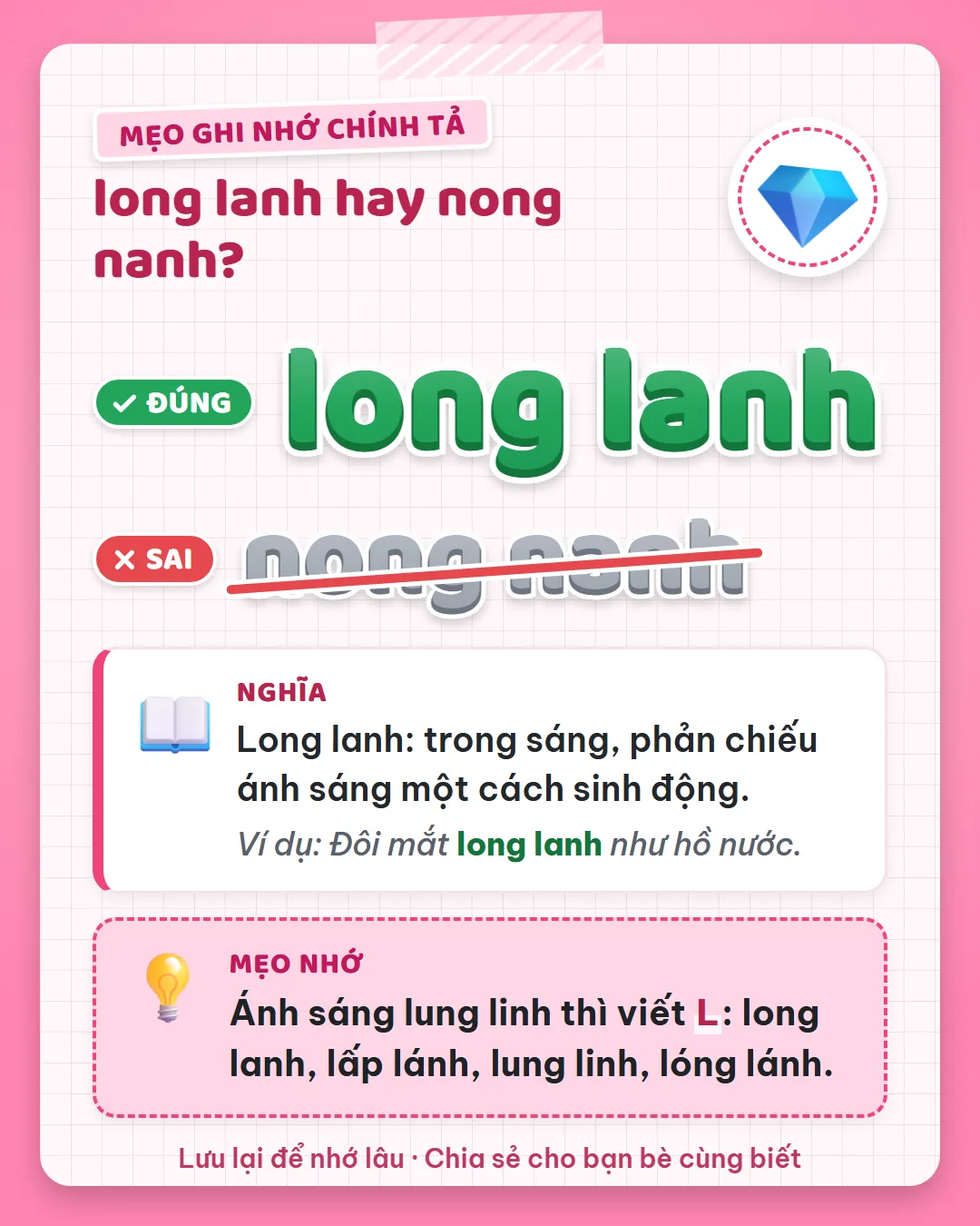 Mẹo ghi nhớ: ánh sáng lung linh thì viết L như long lanh, lấp lánh, lung linh, lóng lánh.