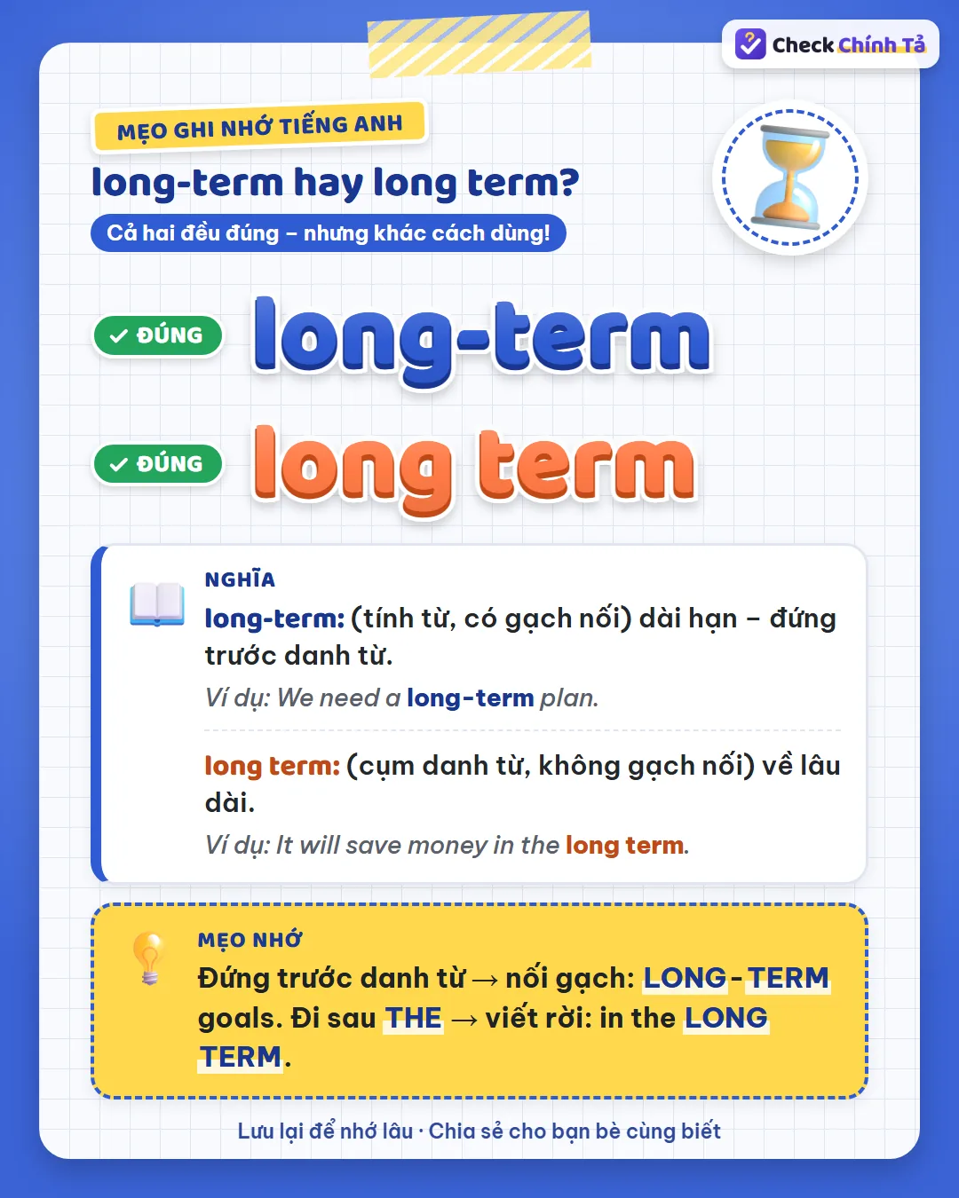 Mẹo ghi nhớ: đứng trước danh từ thì nối gạch (long-term goals); đi sau the thì viết rời (in the long term).