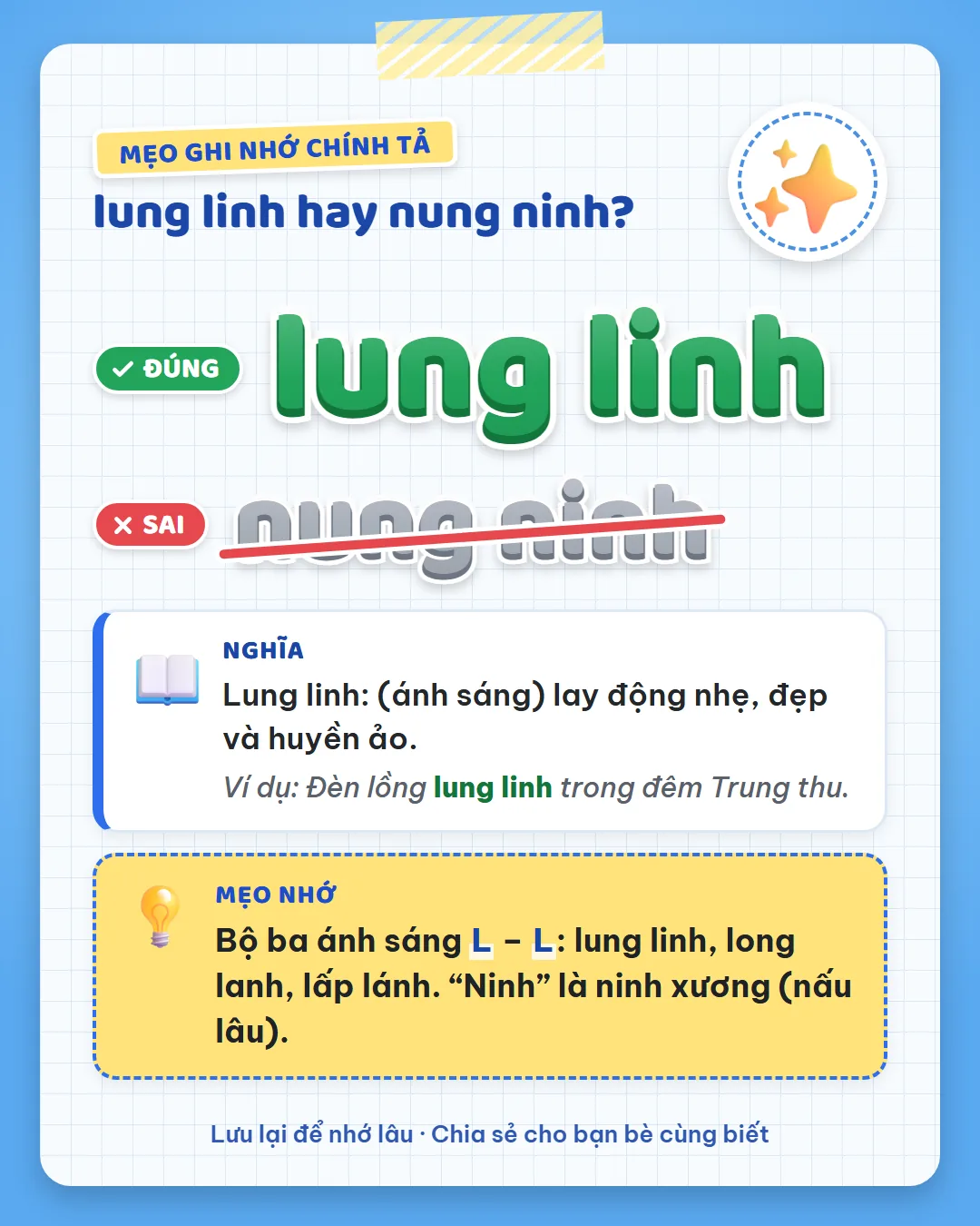 Mẹo ghi nhớ: bộ ba ánh sáng L – L là lung linh, long lanh, lấp lánh. Ninh là ninh xương, nấu lâu.