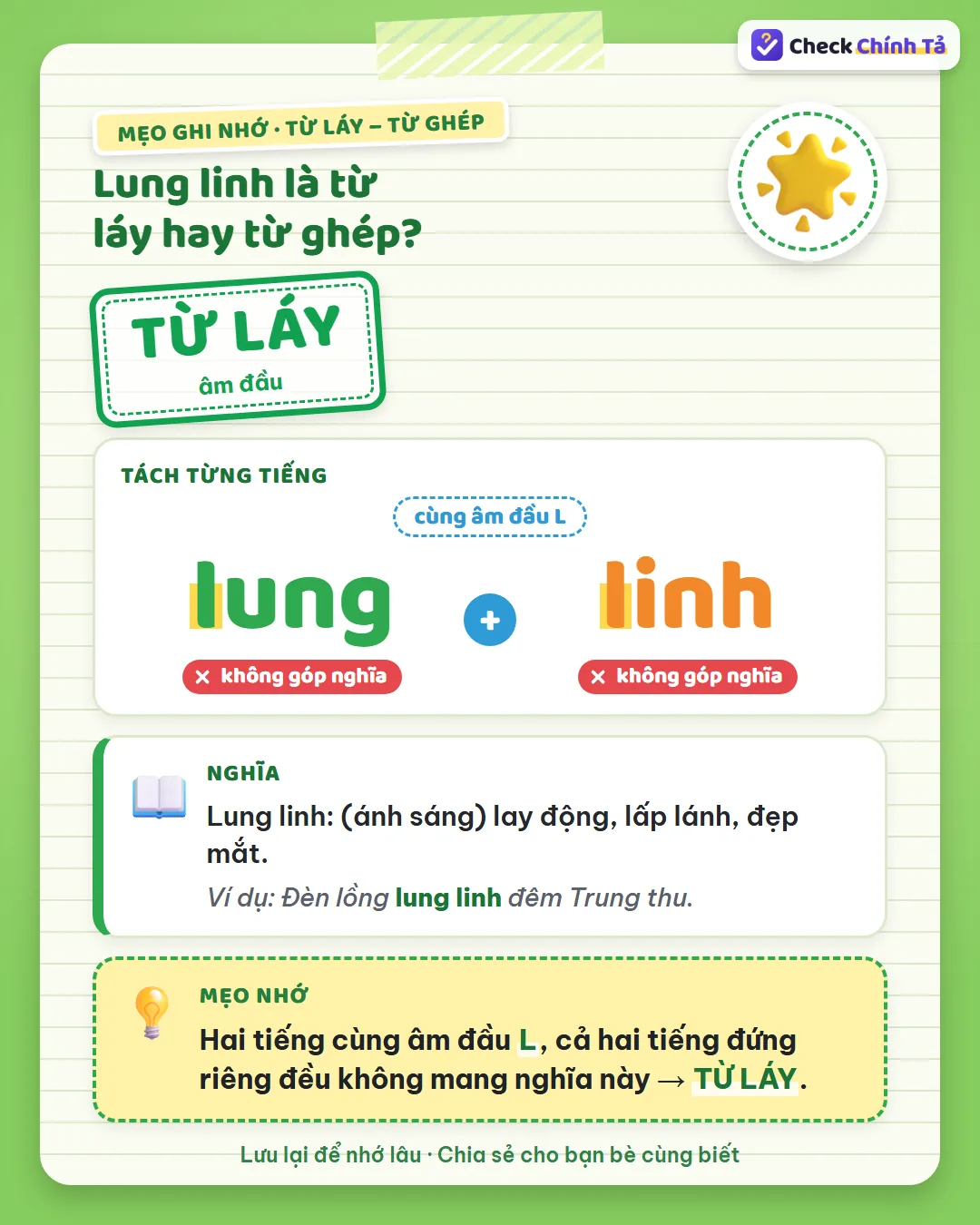Mẹo ghi nhớ: lung linh có hai tiếng cùng âm đầu L, đứng riêng đều không mang nghĩa này nên là từ láy.