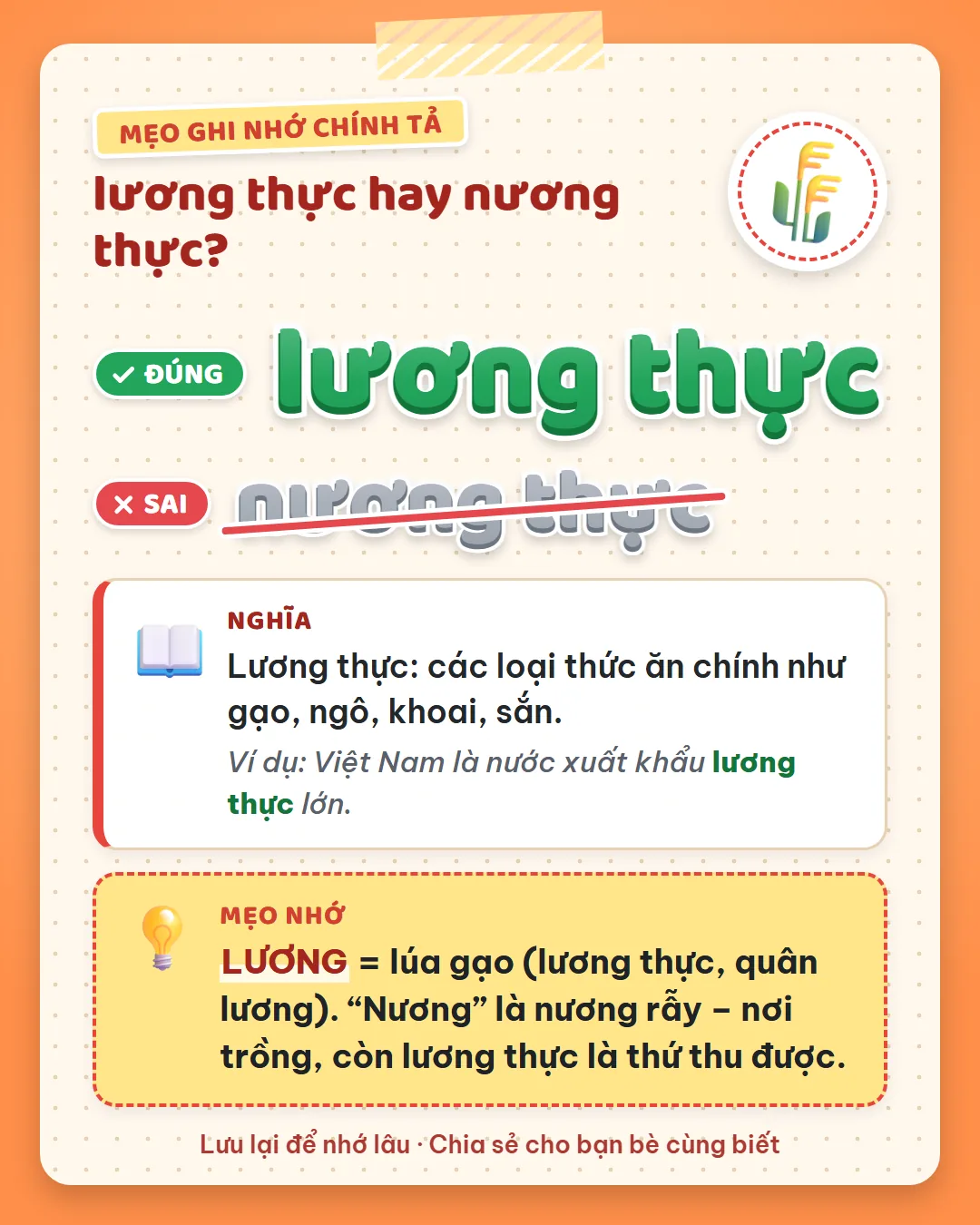 Mẹo ghi nhớ: lương là lúa gạo như lương thực, quân lương. Nương là nương rẫy, nơi trồng; lương thực là thứ thu được.