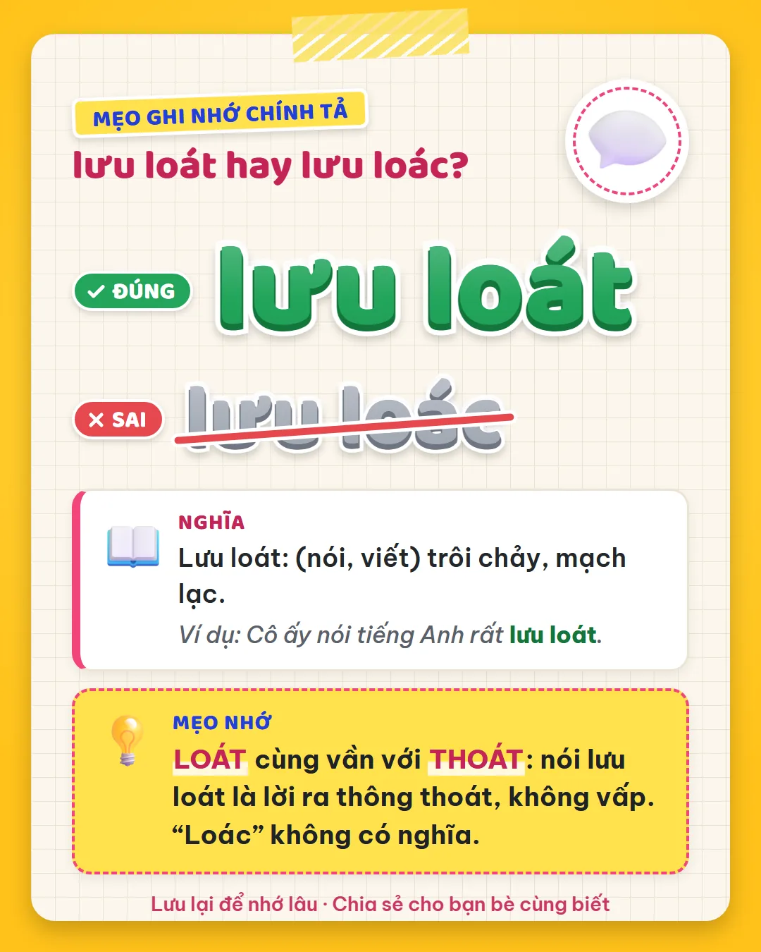 Mẹo ghi nhớ: loát cùng vần với thoát, nói lưu loát là lời ra thông thoát. Loác không có nghĩa.