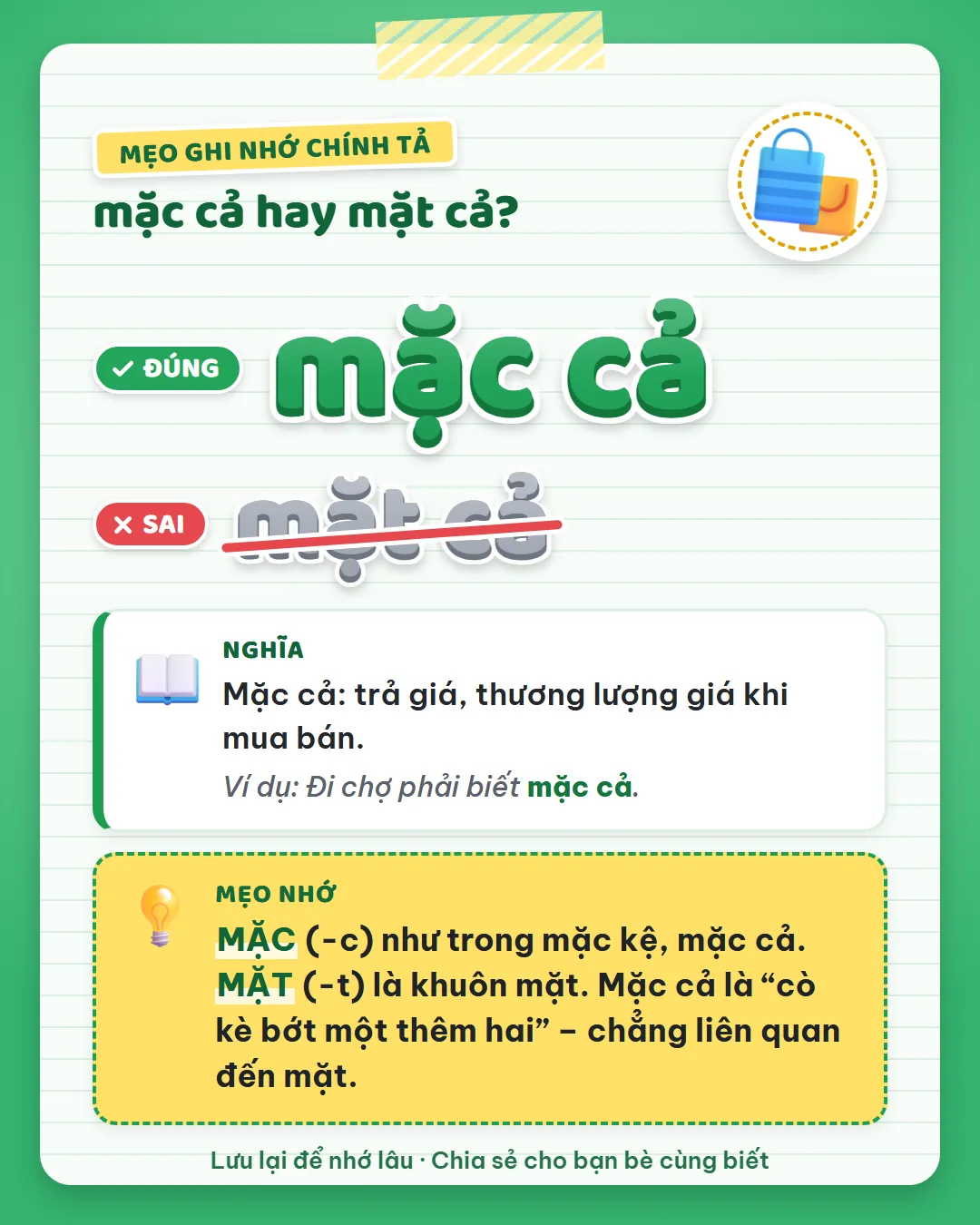 Mẹo ghi nhớ: mặc có C như mặc kệ, mặc cả. Mặt có T là khuôn mặt. Mặc cả là cò kè bớt một thêm hai.
