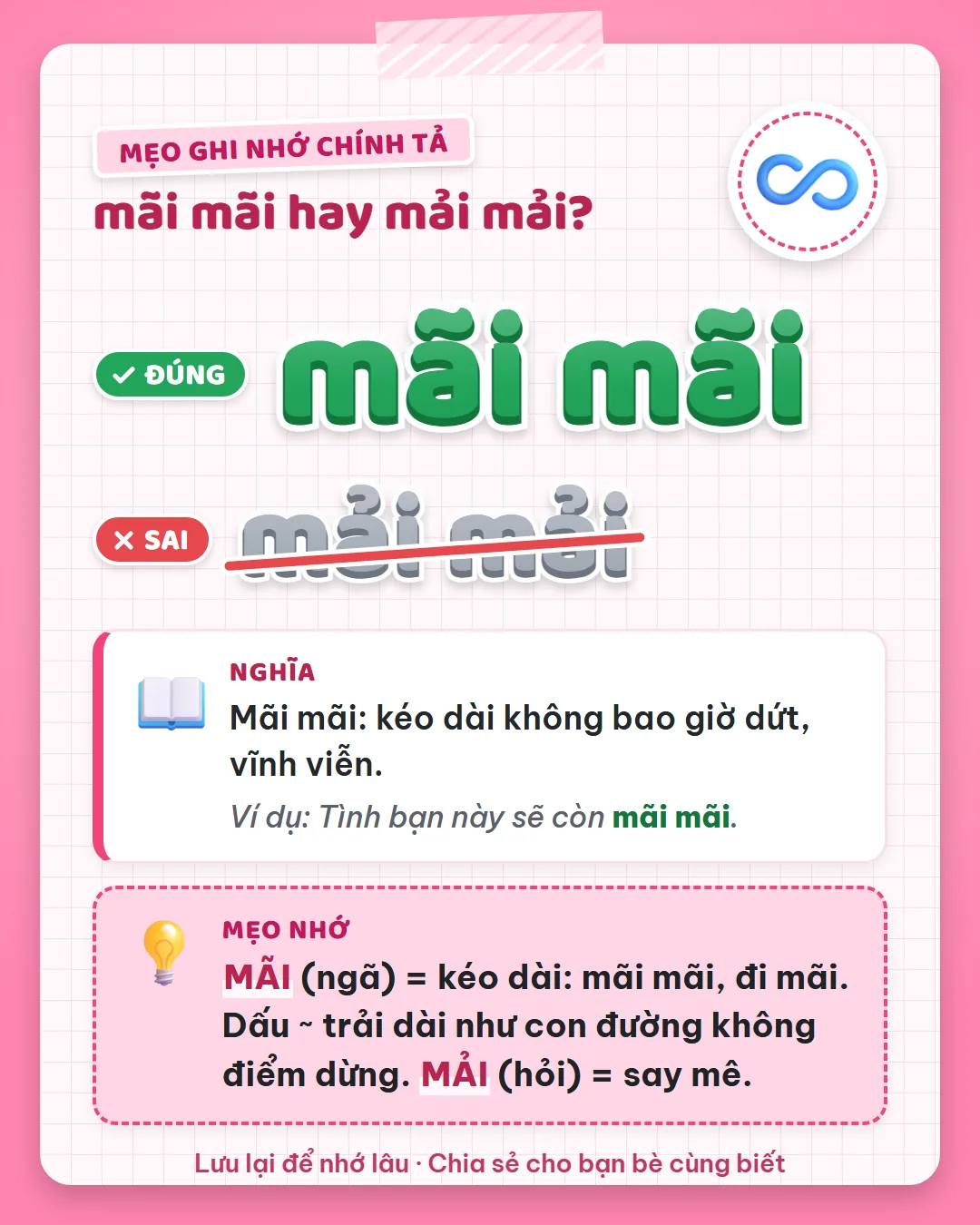 Mẹo ghi nhớ: mãi dấu ngã là kéo dài như mãi mãi, đi mãi; dấu ngã trải dài như con đường. Mải dấu hỏi là say mê.