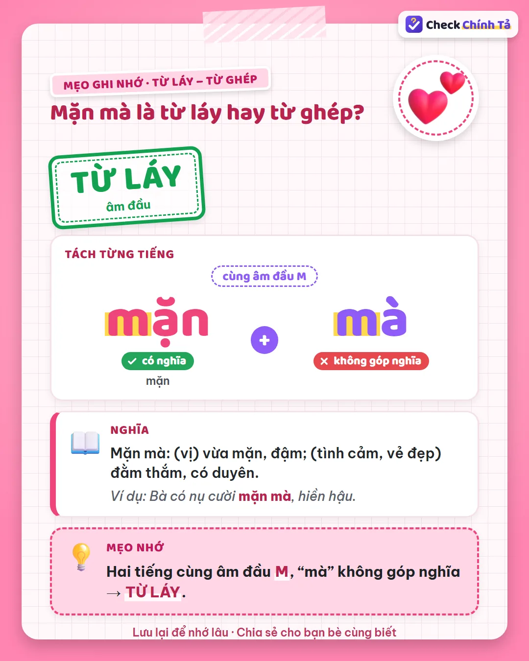 Mẹo ghi nhớ: mặn mà có hai tiếng cùng âm đầu M, “mà” không góp nghĩa nên là từ láy.