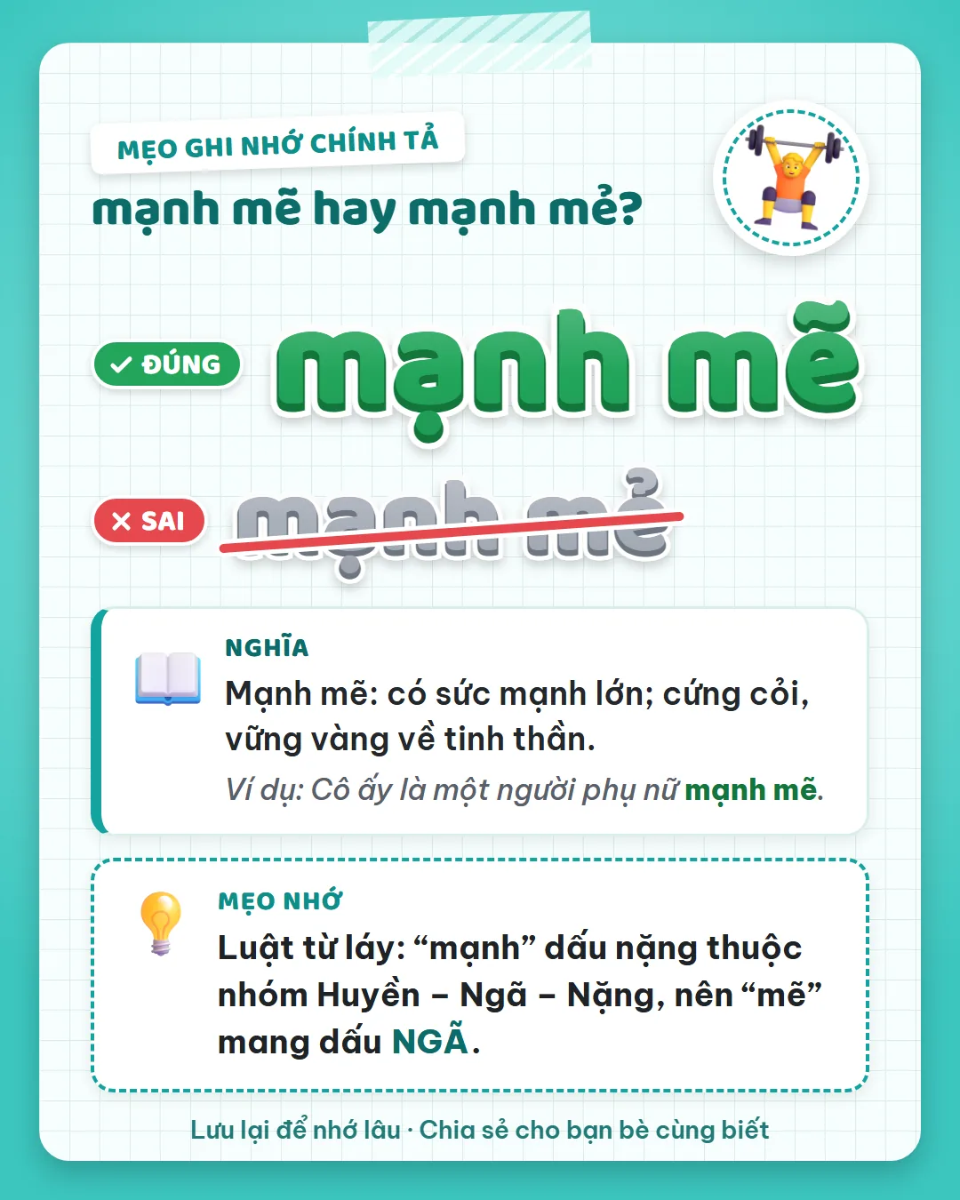 Mẹo ghi nhớ: luật từ láy, mạnh dấu nặng thuộc nhóm huyền – ngã – nặng nên mẽ mang dấu ngã.