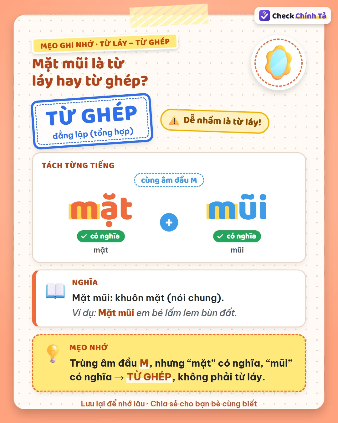 Mẹo ghi nhớ: mặt mũi trùng âm đầu M nhưng “mặt” và “mũi” đều có nghĩa nên là từ ghép, không phải từ láy.