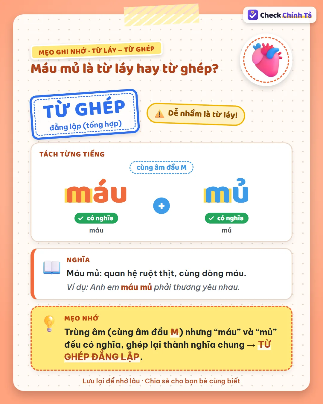 Mẹo ghi nhớ: máu mủ cùng âm đầu M nhưng “máu” và “mủ” đều có nghĩa nên là từ ghép đẳng lập.