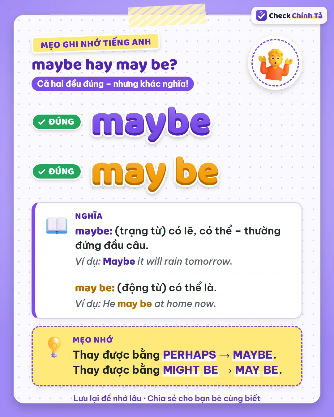 Mẹo ghi nhớ: thay được bằng perhaps thì maybe; thay được bằng might be thì may be.