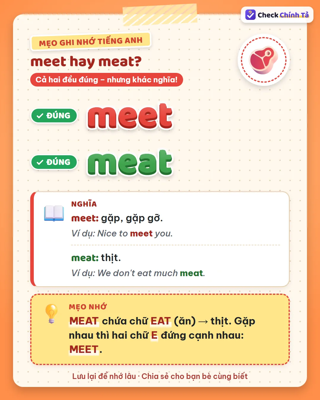Mẹo ghi nhớ: meat chứa chữ eat (ăn) nên là thịt; gặp nhau thì hai chữ E đứng cạnh nhau: meet.