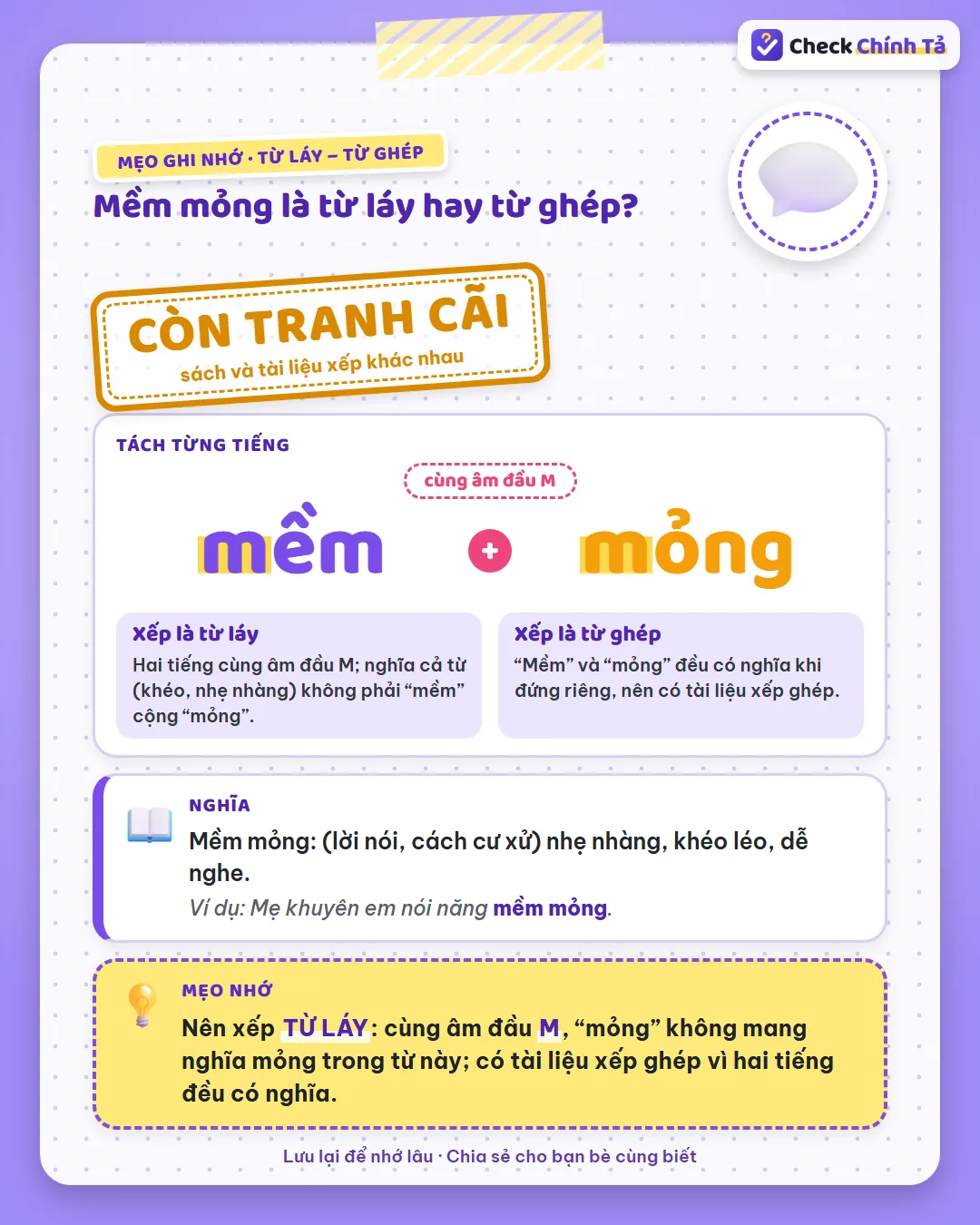 Mẹo ghi nhớ: cùng âm đầu m, “mỏng” không mang nghĩa mỏng trong từ này nên mềm mỏng nên xếp từ láy.