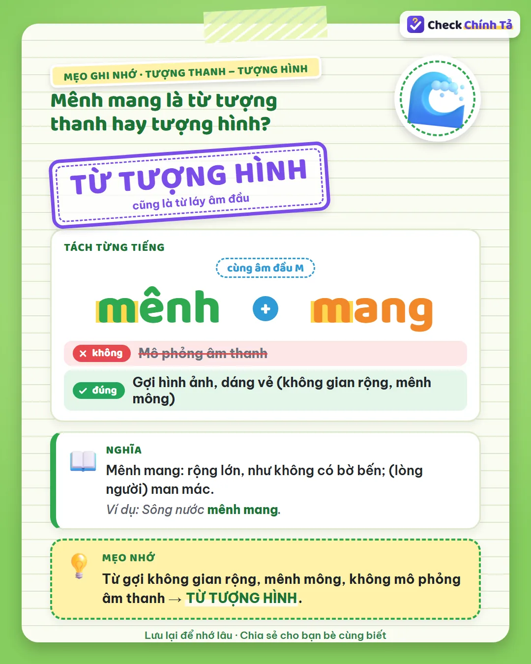 Mẹo ghi nhớ: mênh mang gợi không gian rộng, mênh mông, không mô phỏng âm thanh nên là từ tượng hình.